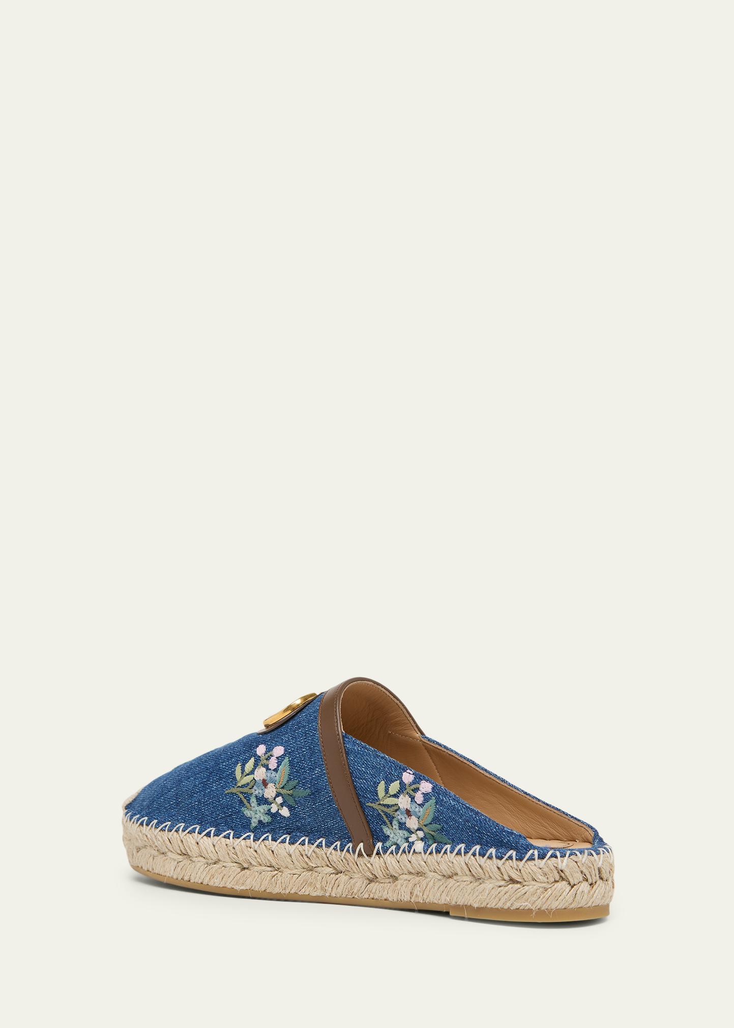 Valentino Garavani VLogo Floral-Embroidered Denim Espadrille Mules