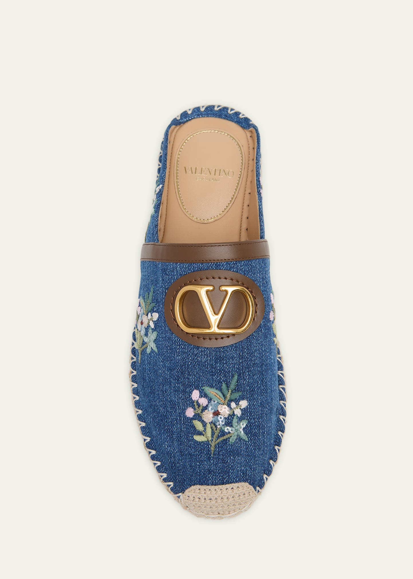 【希少】VALENTINO GARAVANI ビジュー デニム フラワー レザー Valentino Garavani VLogo Floral-Embroidered Denim Espadrille Mules