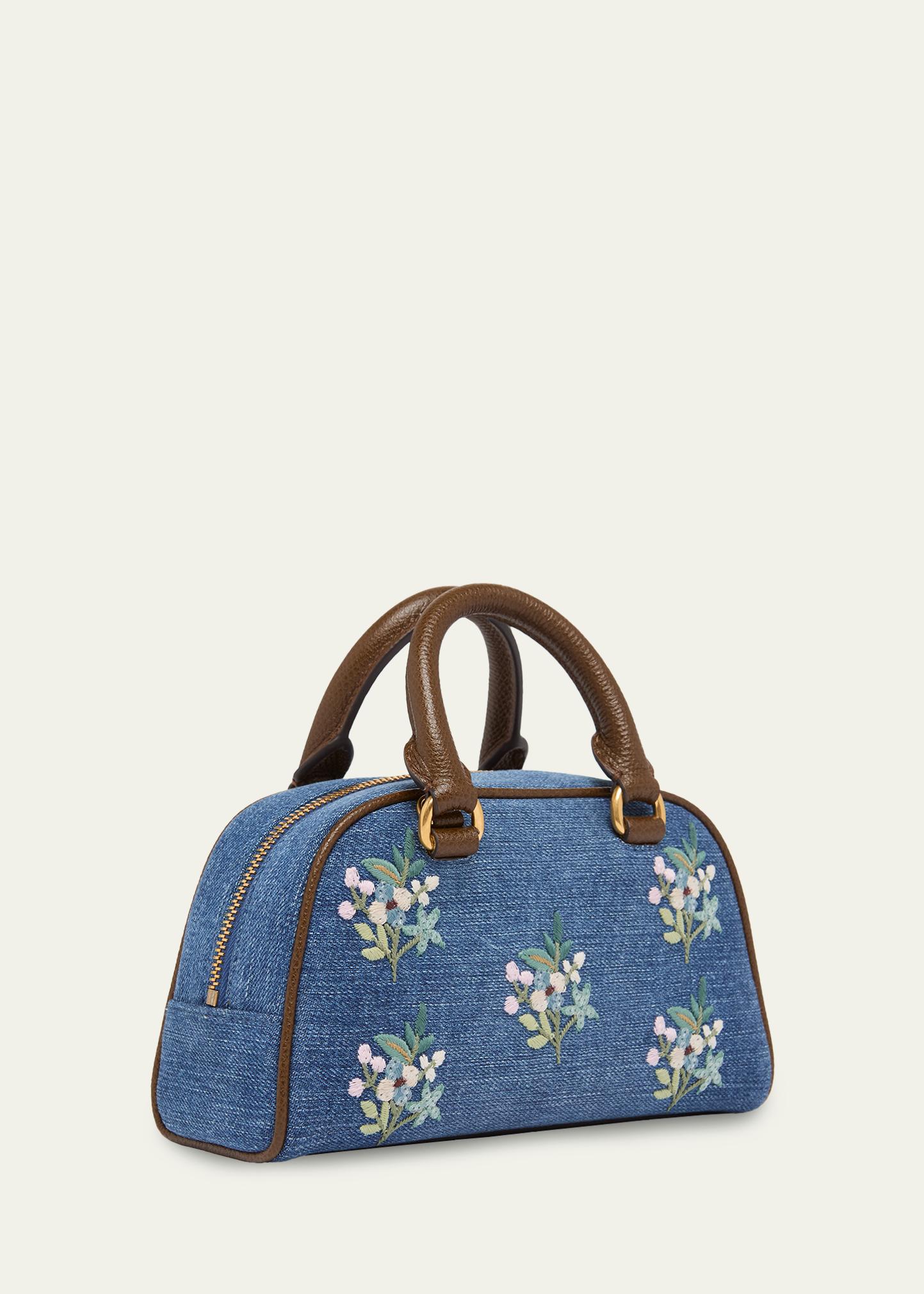 Valentino Garavani Floral-Embroidered Denim VLogo Top-Handle Bag