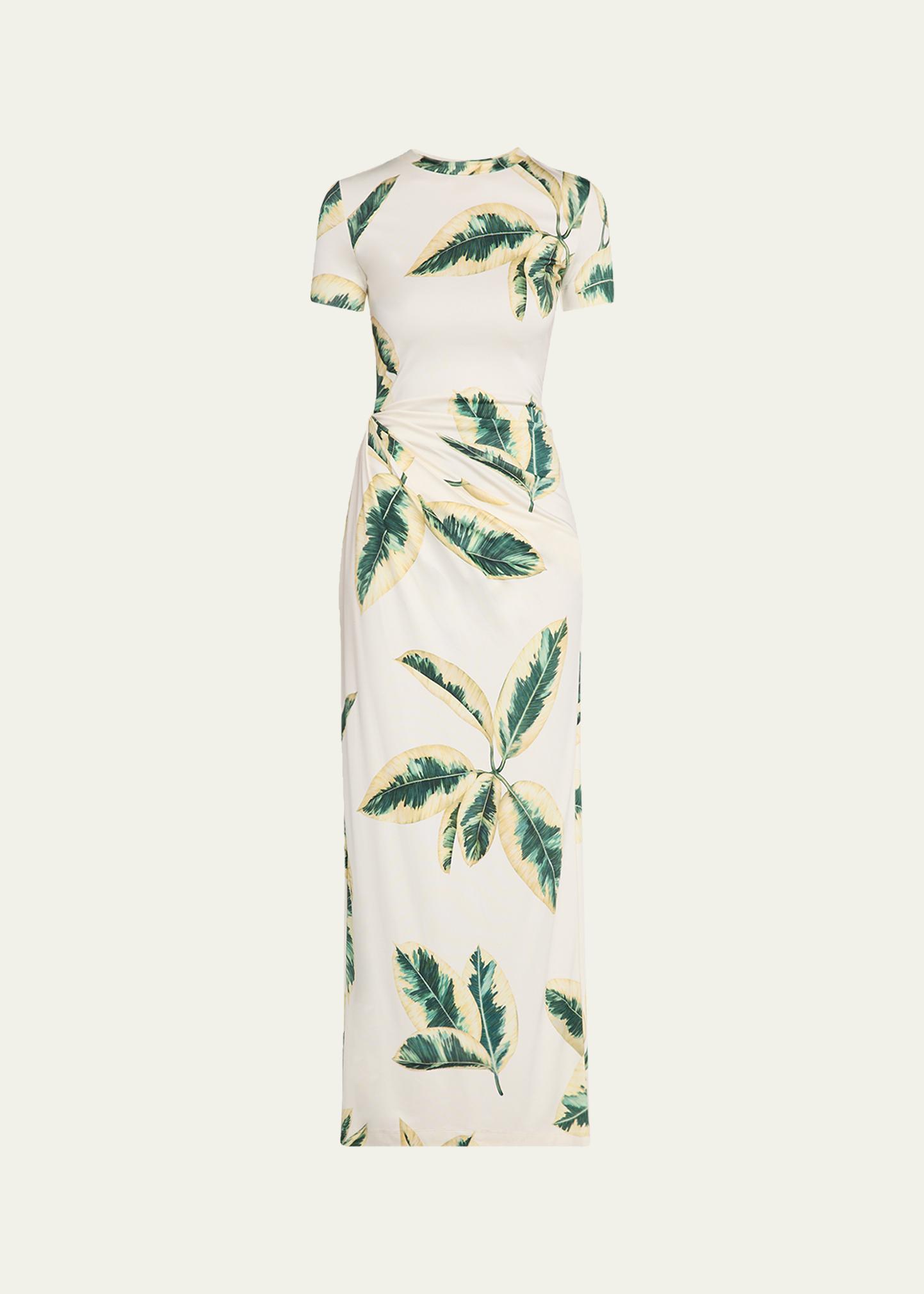 Oscar De La Renta Short-Sleeve Ficus-Print Draped Maxi Dress