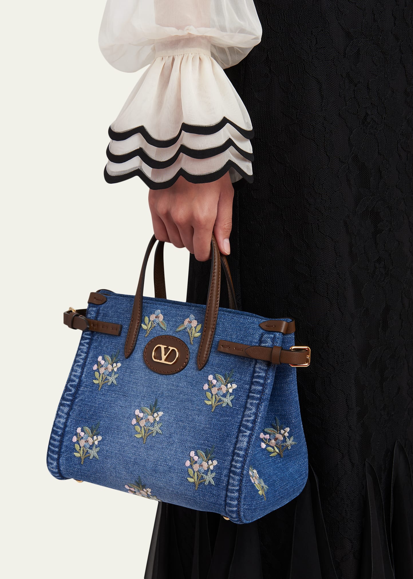 Valentino Garavani Antibes Small Floral-Embroidered Denim Tote Bag