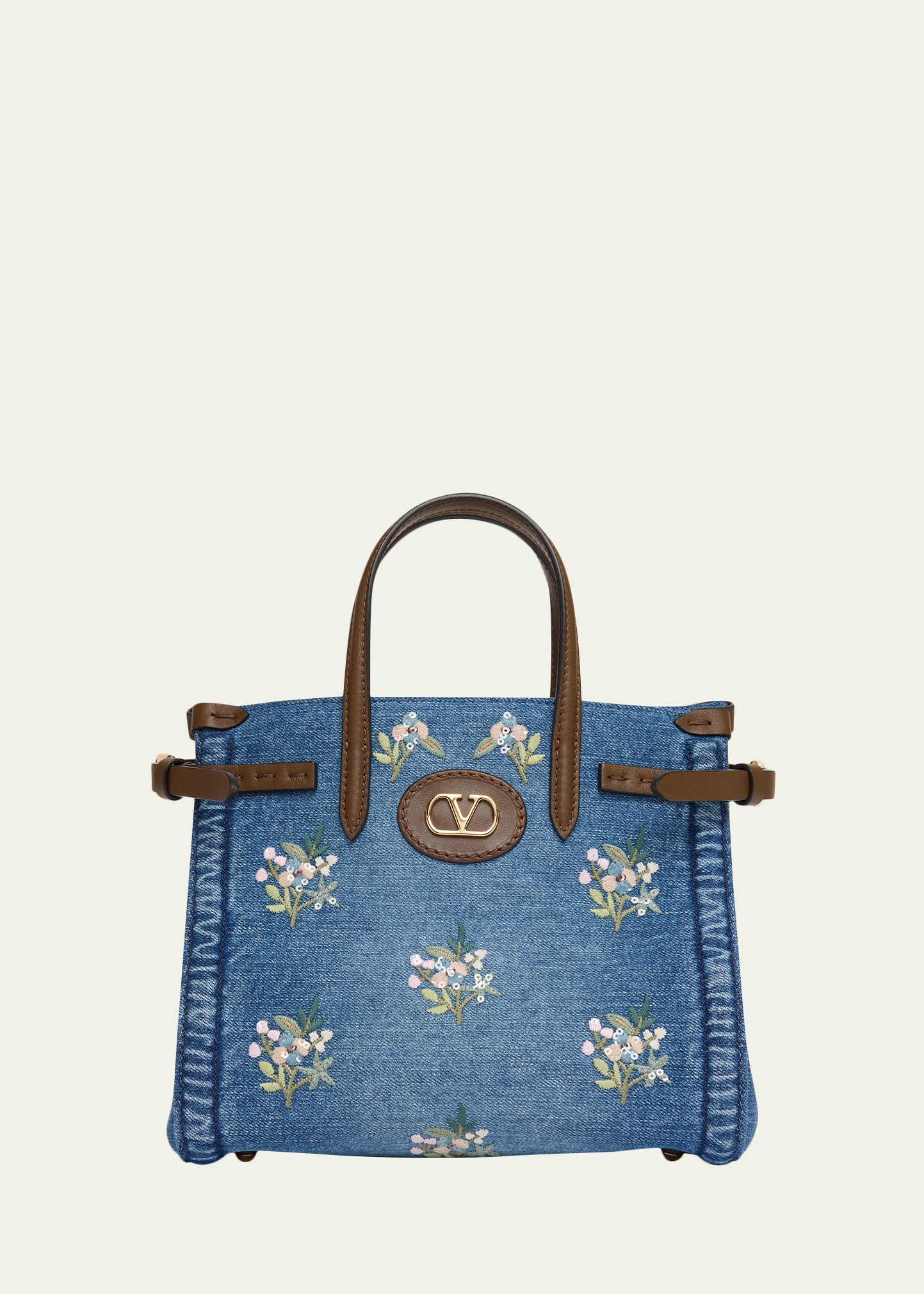 Valentino Garavani Antibes Small Floral-Embroidered Denim Tote Bag