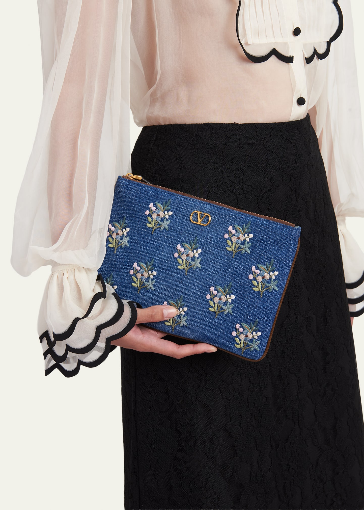 Valentino Garavani Floral-Embroidered Denim VLogo Clutch Bag