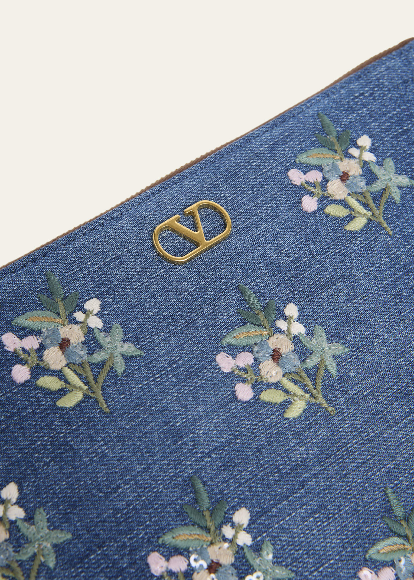 Valentino Garavani Floral-Embroidered Denim VLogo Clutch Bag