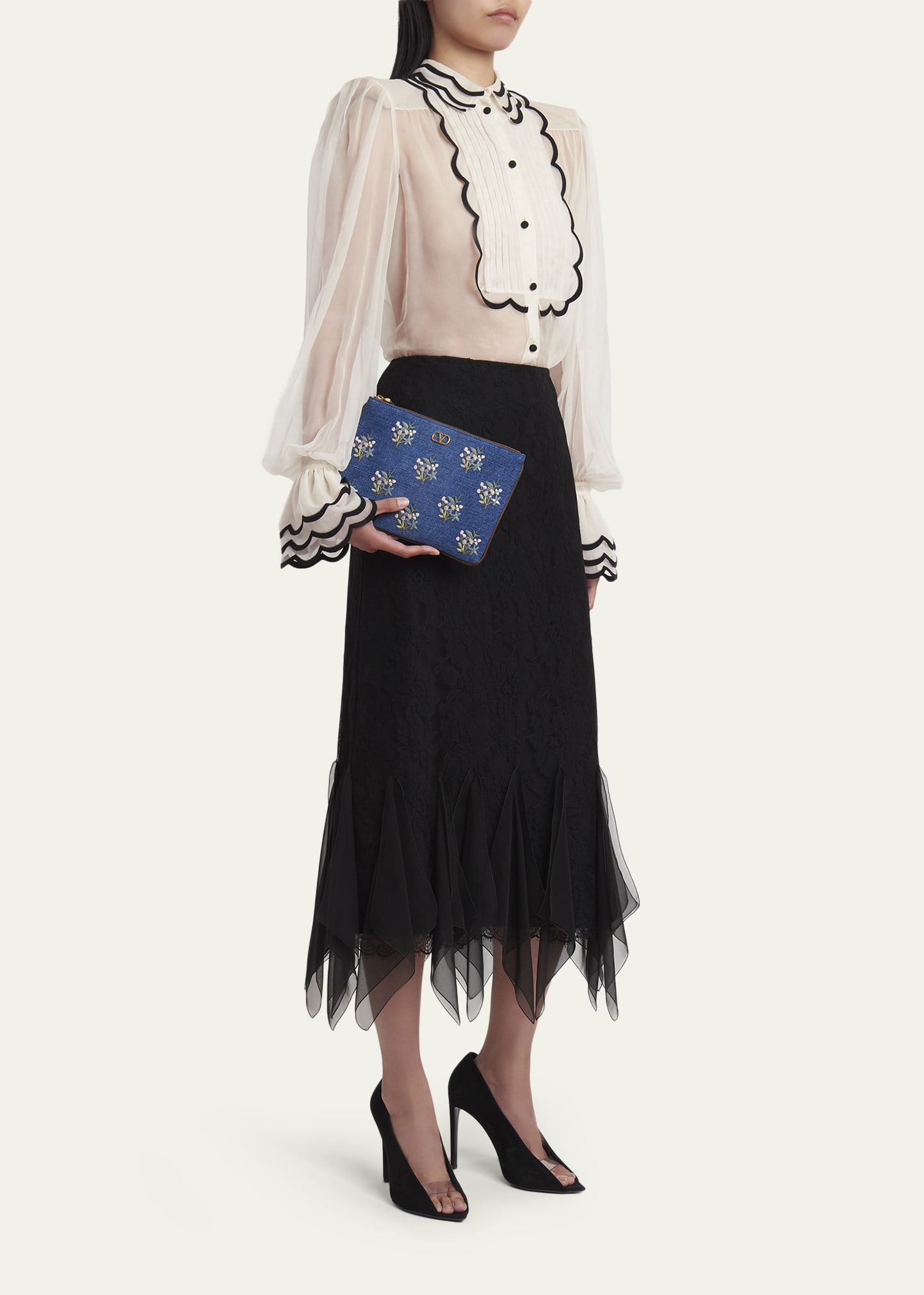 Valentino Garavani Floral-Embroidered Denim VLogo Clutch Bag