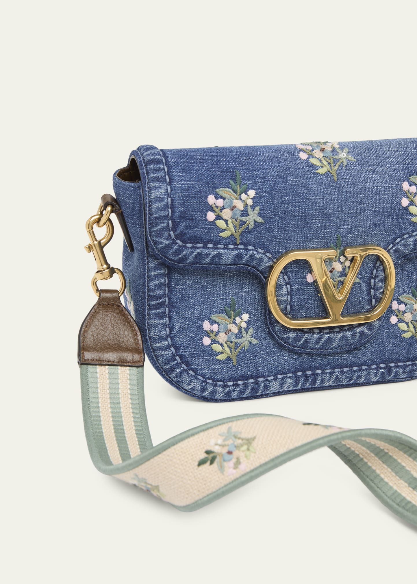 Valentino Garavani Alltime Floral-Embroidered Denim Shoulder Bag