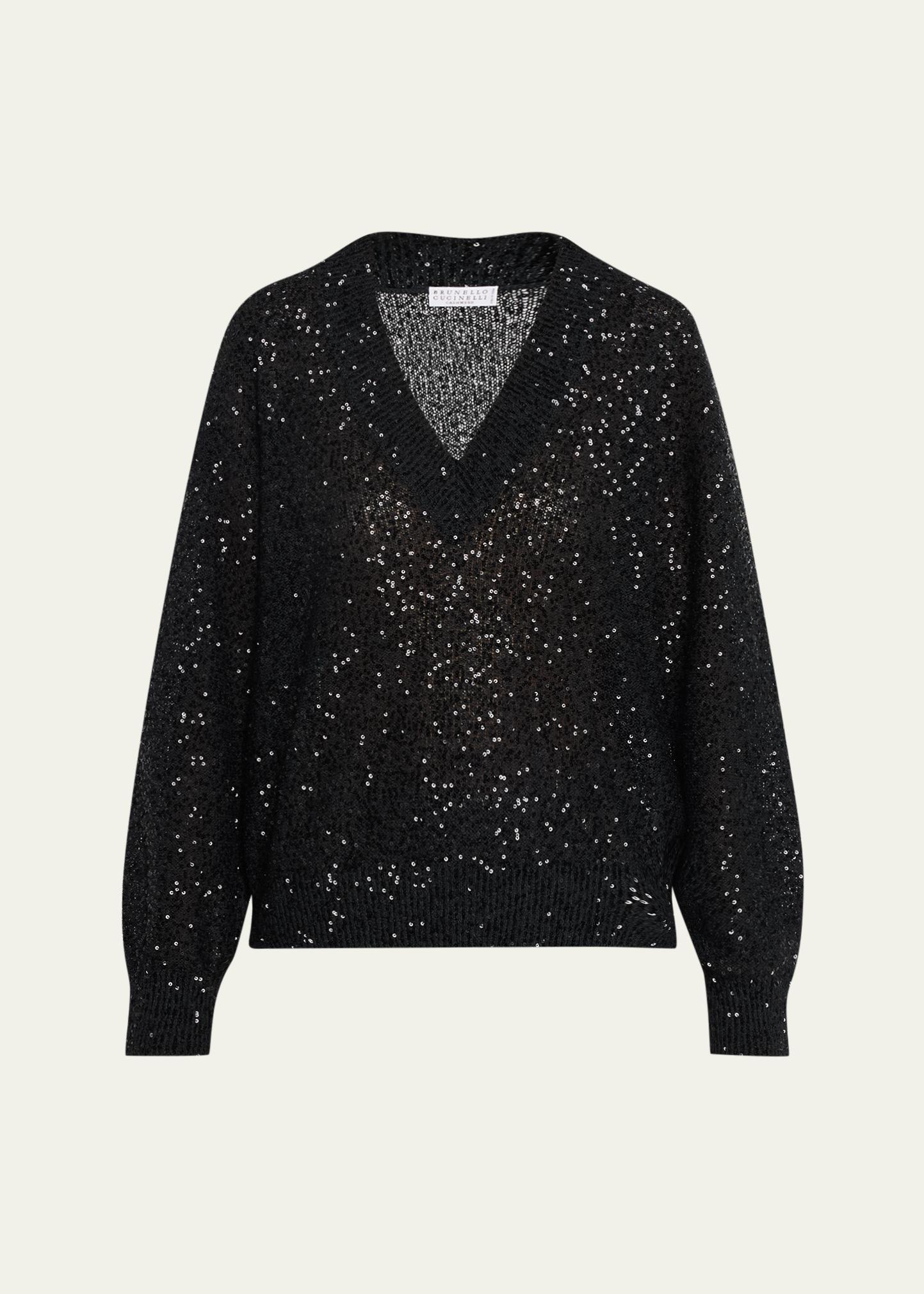 Brunello Cucinelli Shimmering Linen-Cashmere V-Neck Sweater