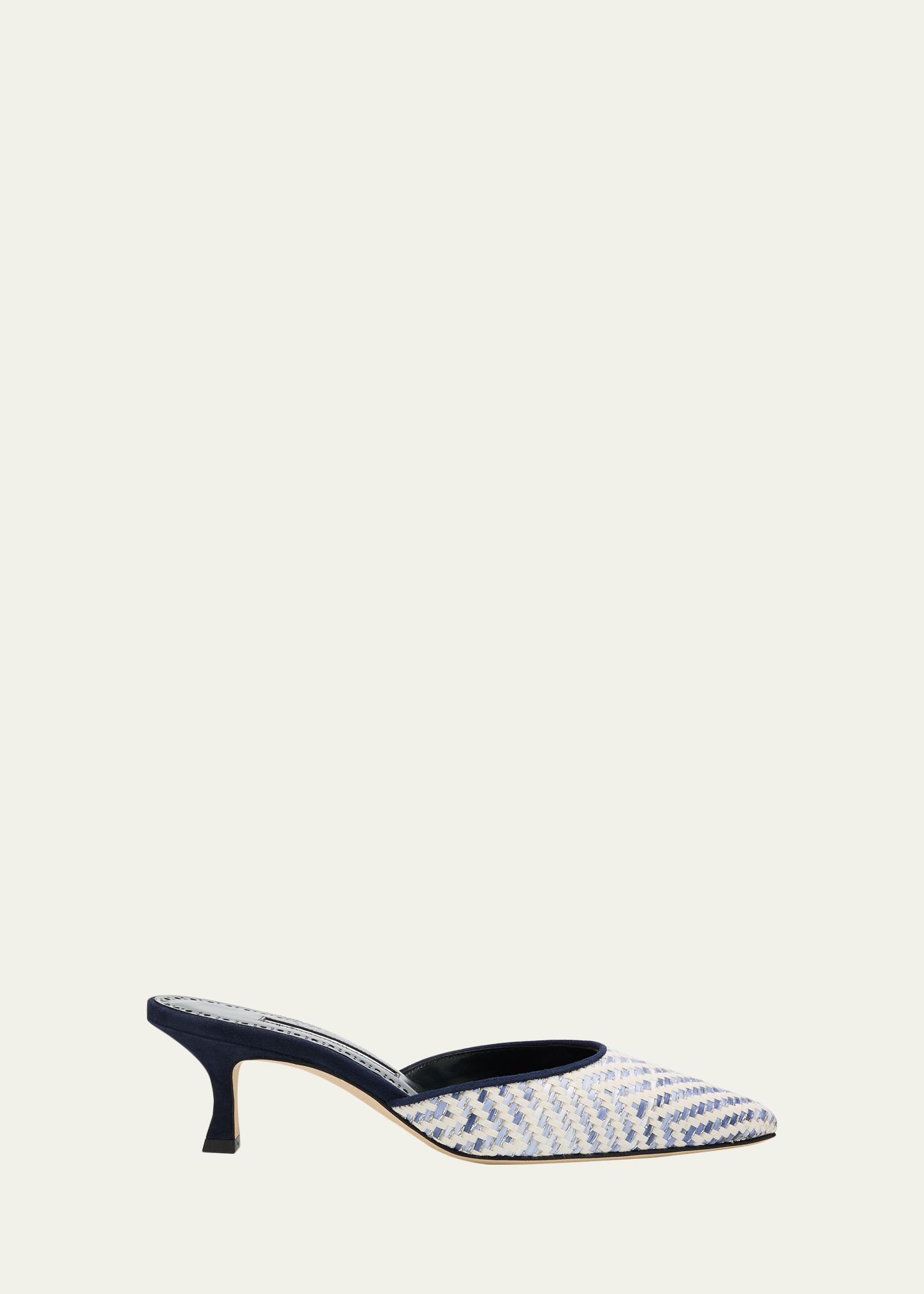 Manolo Blahnik Carolyne Metallic Woven Kitten-Heel Mules