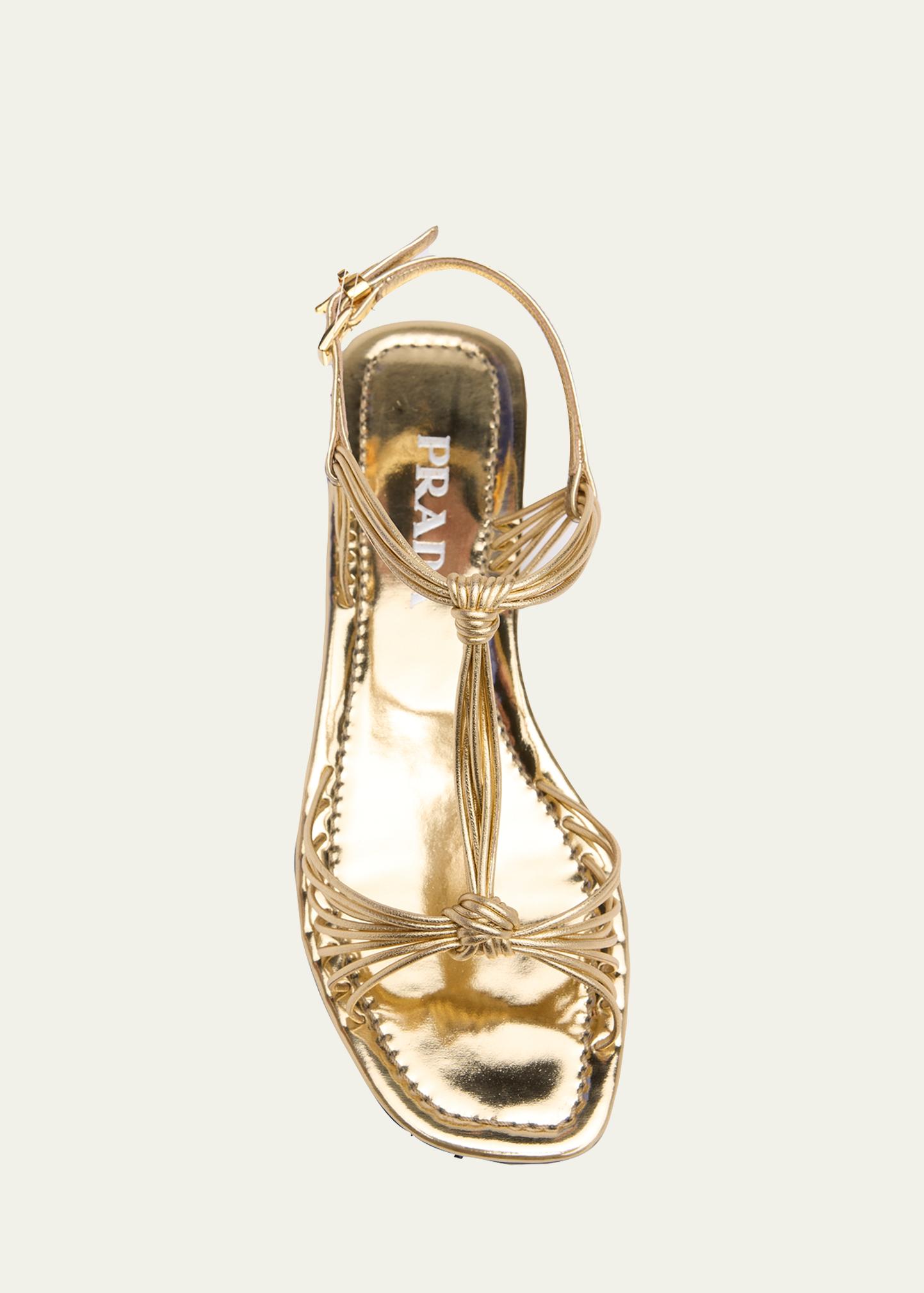 靴 Prada Knot Strap Mule Sandals 36.5 Prada Knotted Metallic Leather Flat Sandals - Bergdorf Goodman
