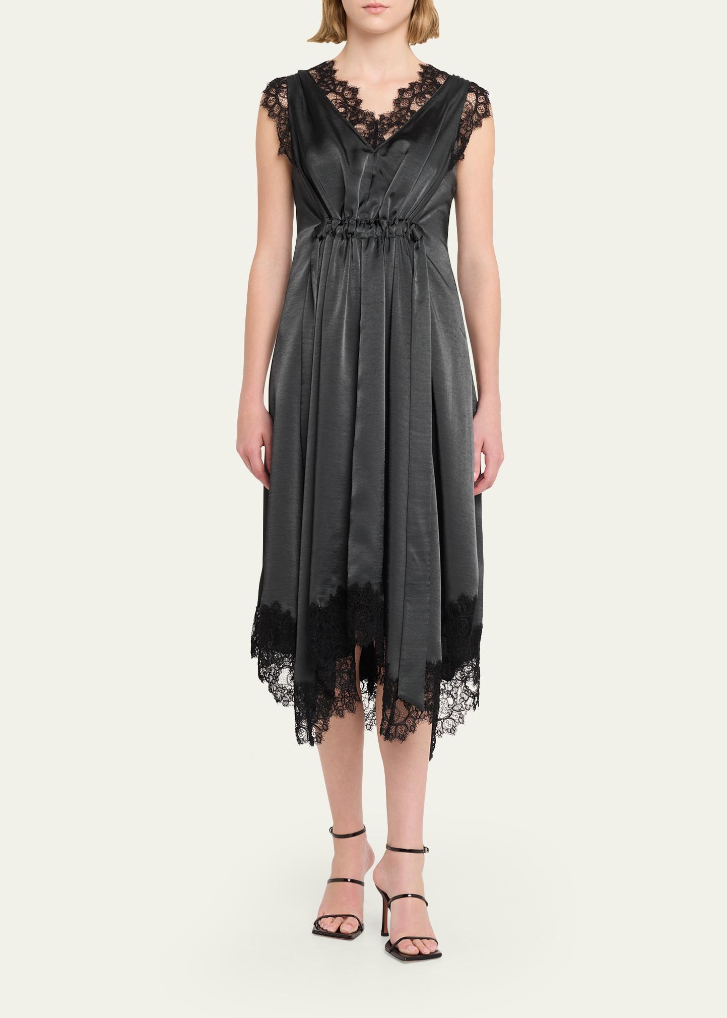 3.1 Phillip Lim V-Neck Lace-Trim Satin Midi Dress - Bergdorf Goodman
