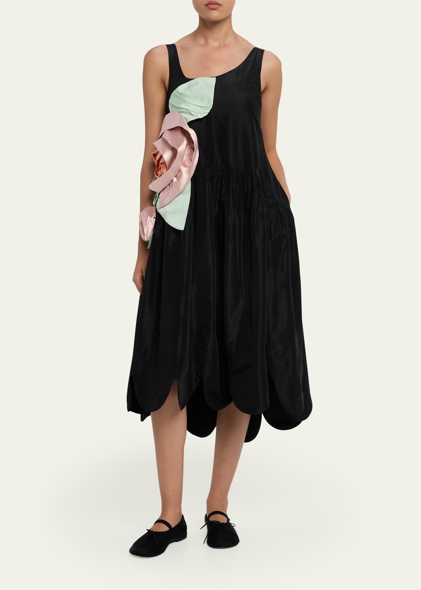 Simone Rocha Pressed Rosette Sleeveless Satin Midi Dress