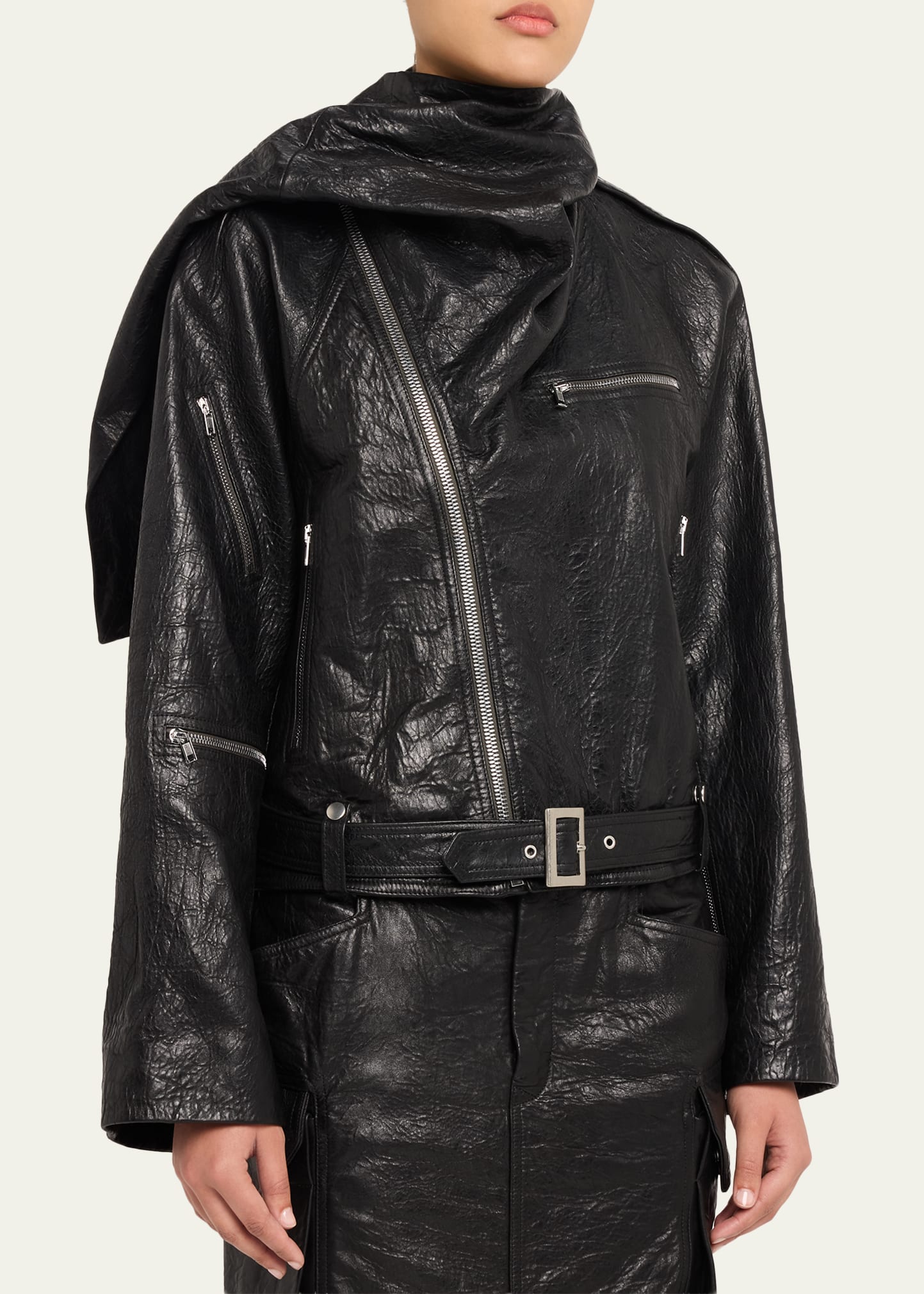 Rick Owens Leather Cropped Scarf Moto Jacket - Bergdorf Goodman