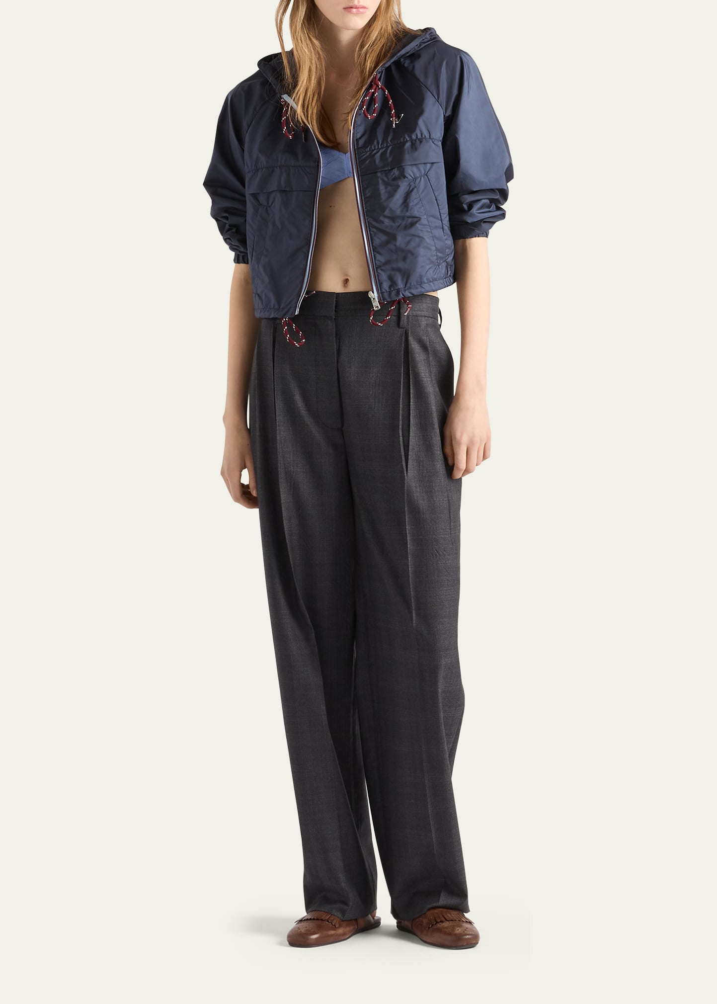 PRADA ネイビー クロップドジャケット Prada Cropped Re-Nylon Hooded Zip Jacket - Bergdorf Goodman