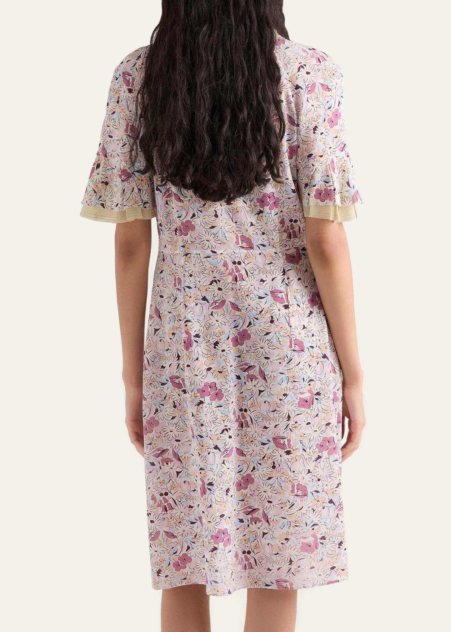 Prada Floral Silk Scarf-Neck Midi Dress - Bergdorf Goodman