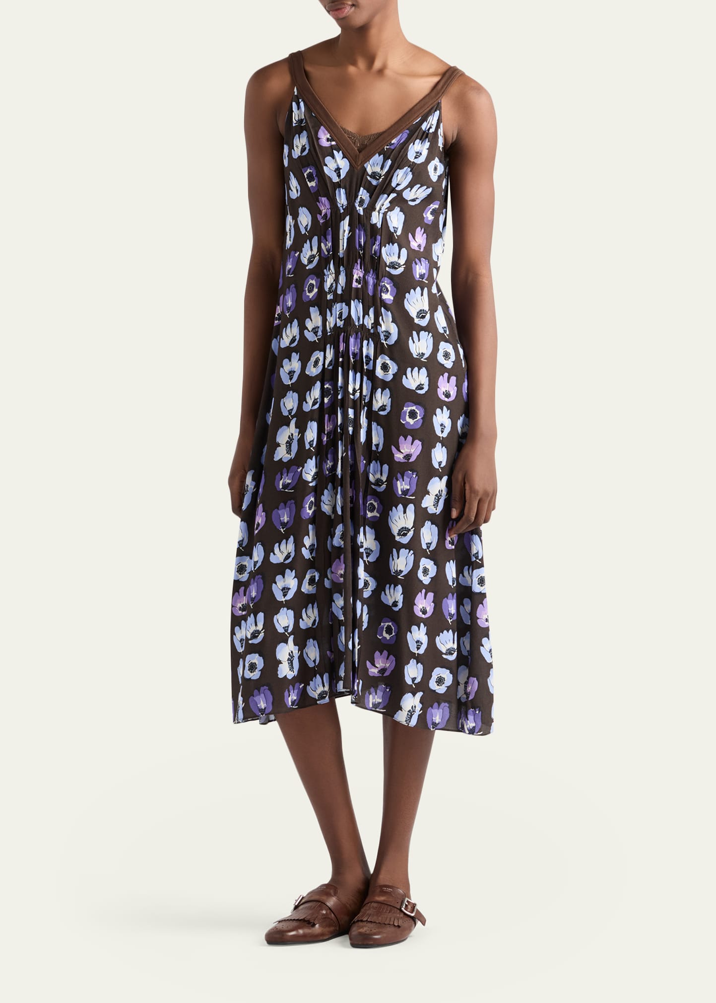 Prada Floral-Print Gathered Sleeveless Midi Dress - Bergdorf Goodman
