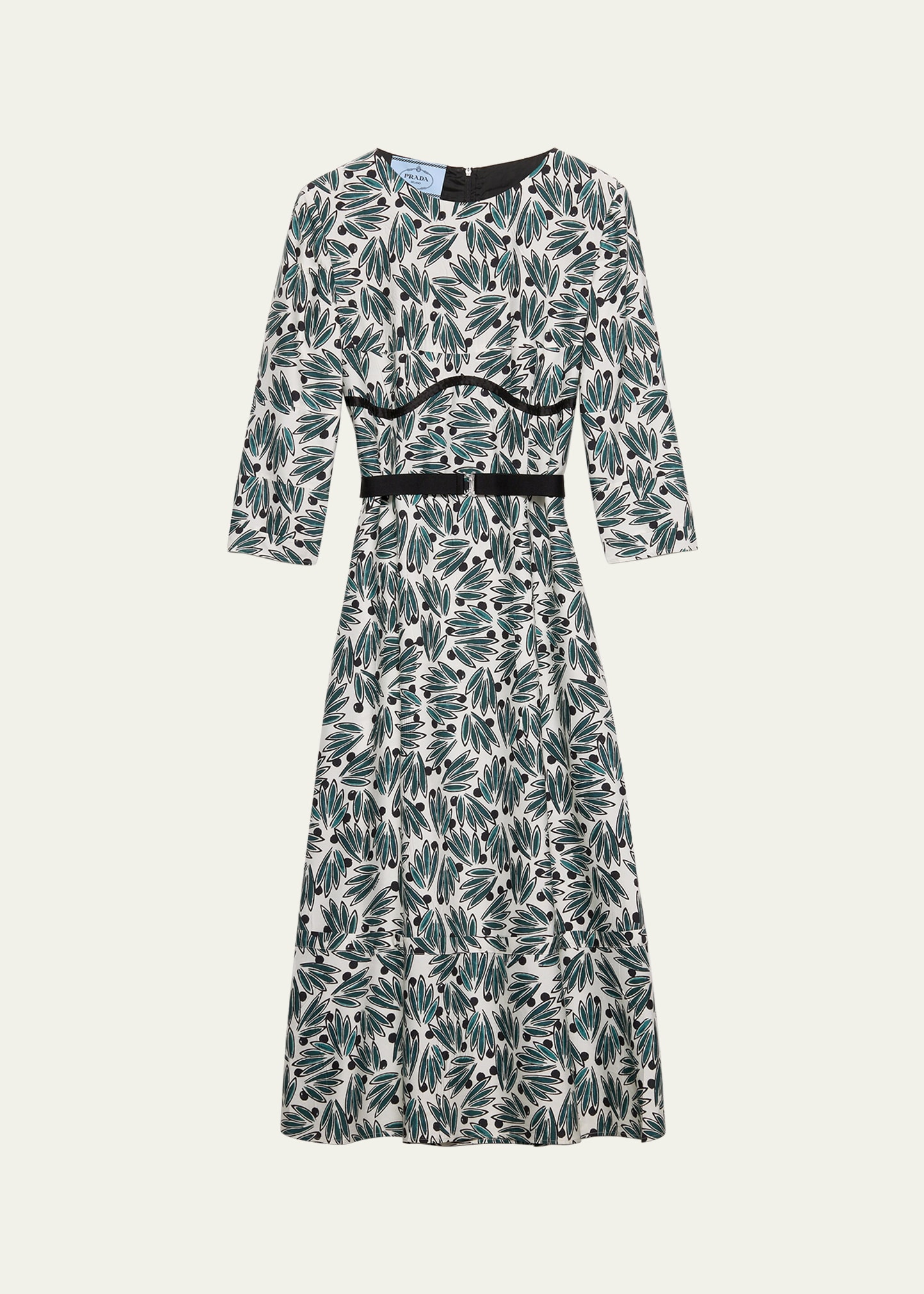 Prada Floral Print Pongé 3/4-Sleeve Midi Dress - Bergdorf Goodman