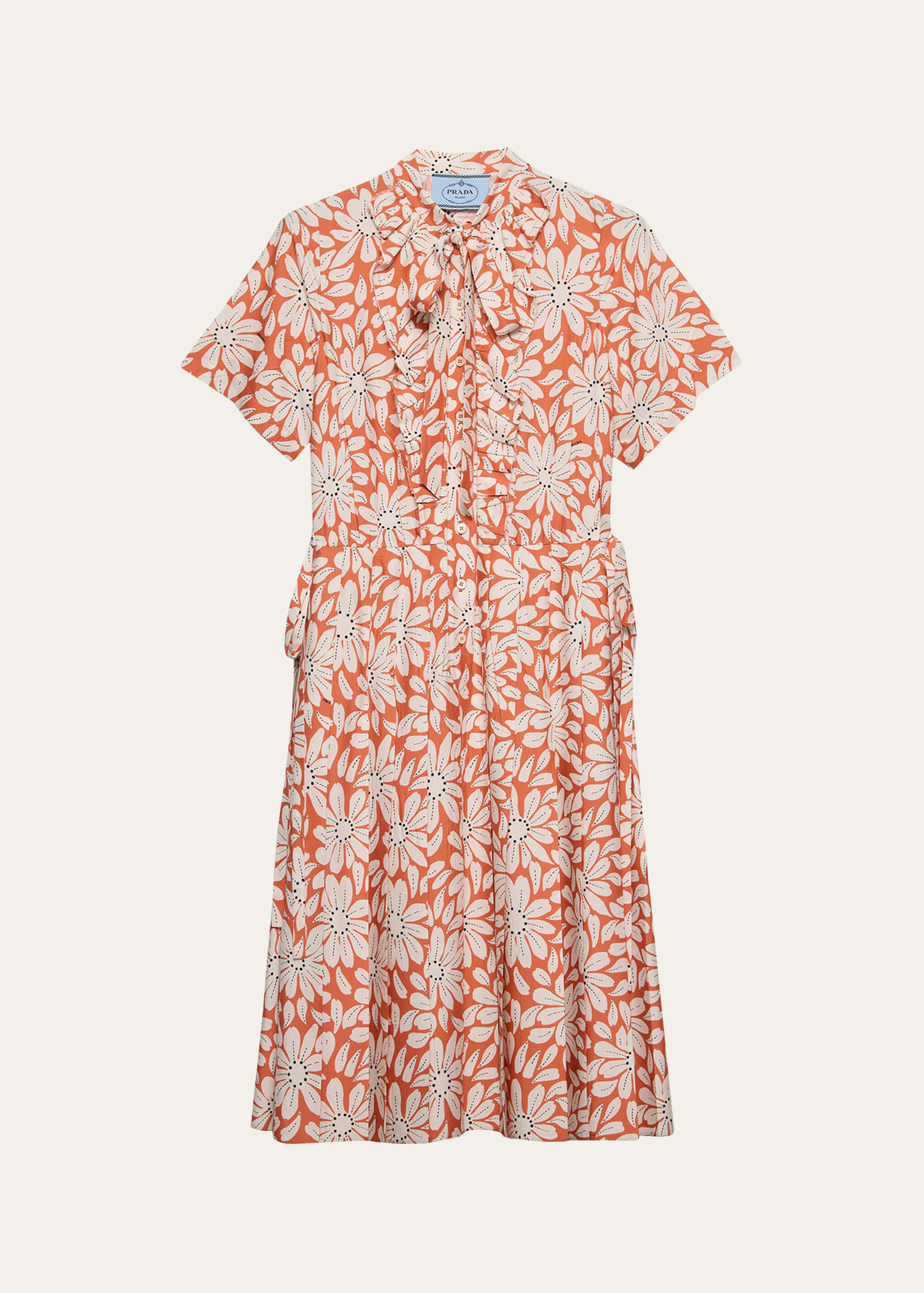 prada dress orange Prada Floral-Print Pleated Pongé Dress