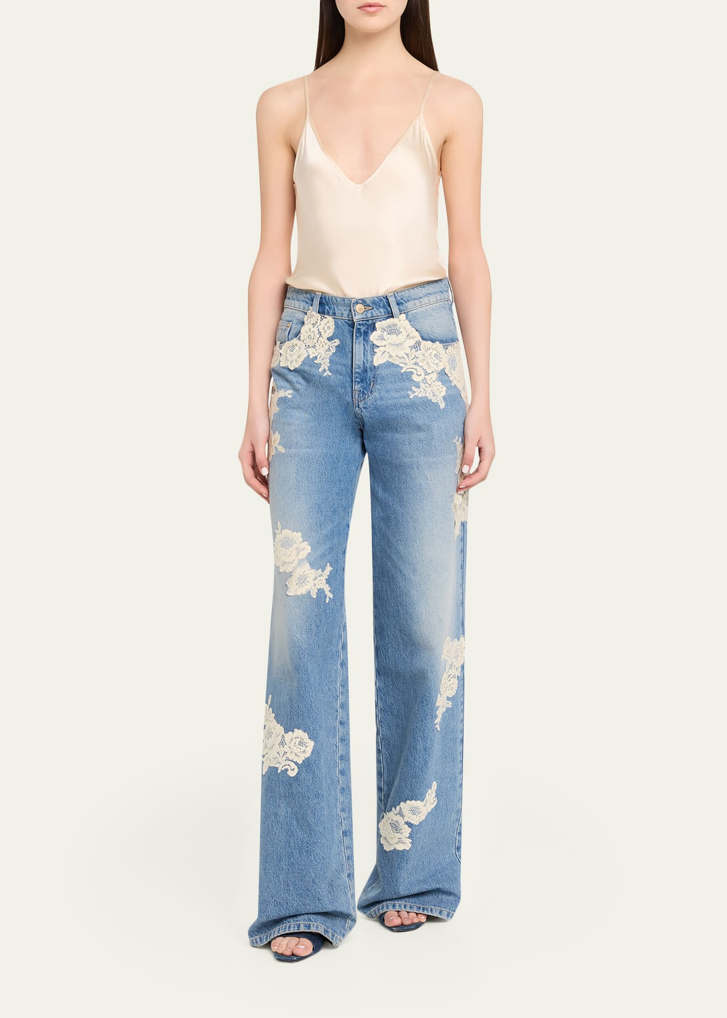 LoveShackFancy Bambie Lace Applique Jeans - Bergdorf Goodman