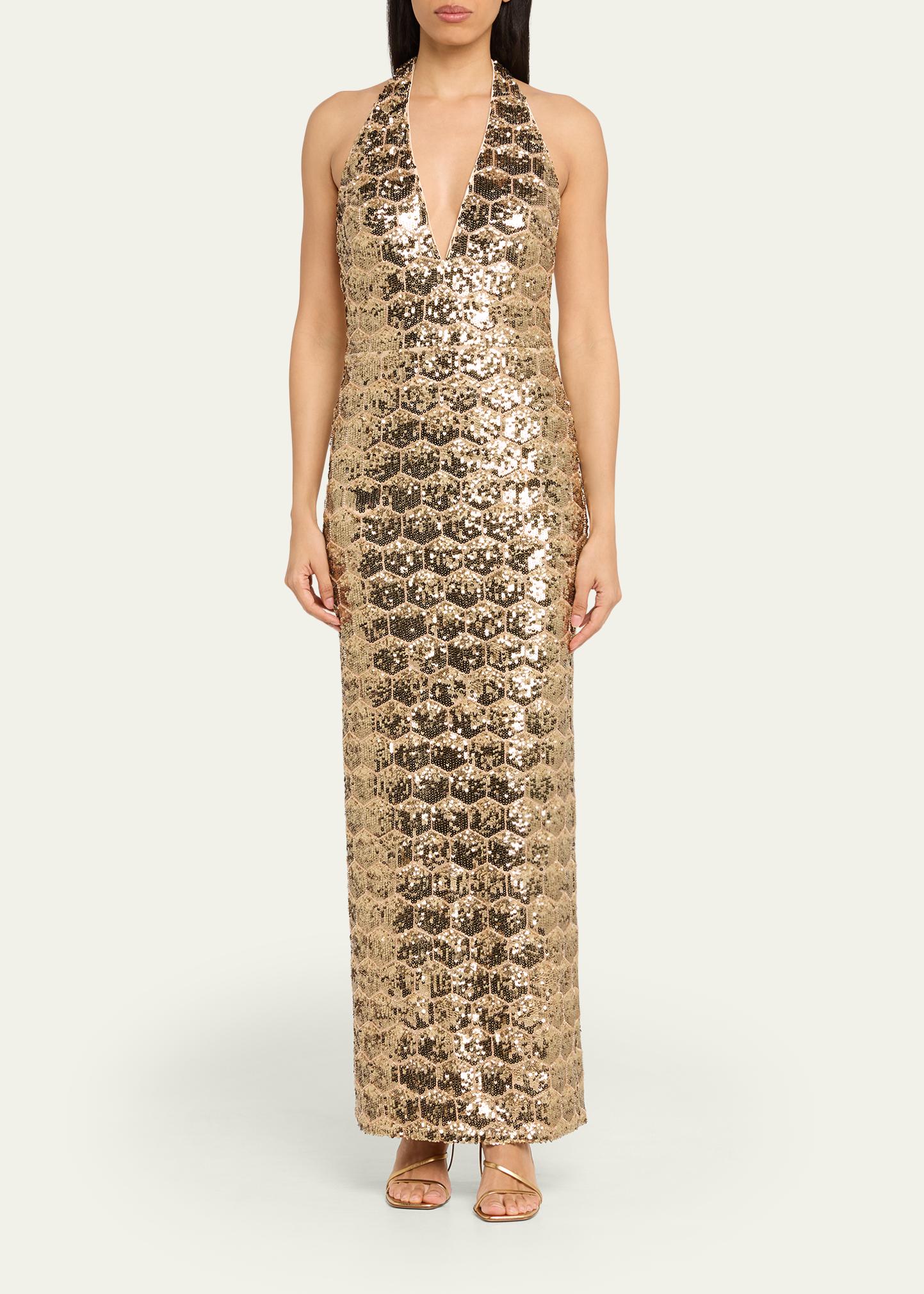ramy brook reyna sequin halter maxi dress Shauna Backless Geometric Gown YGroup_ceciledress