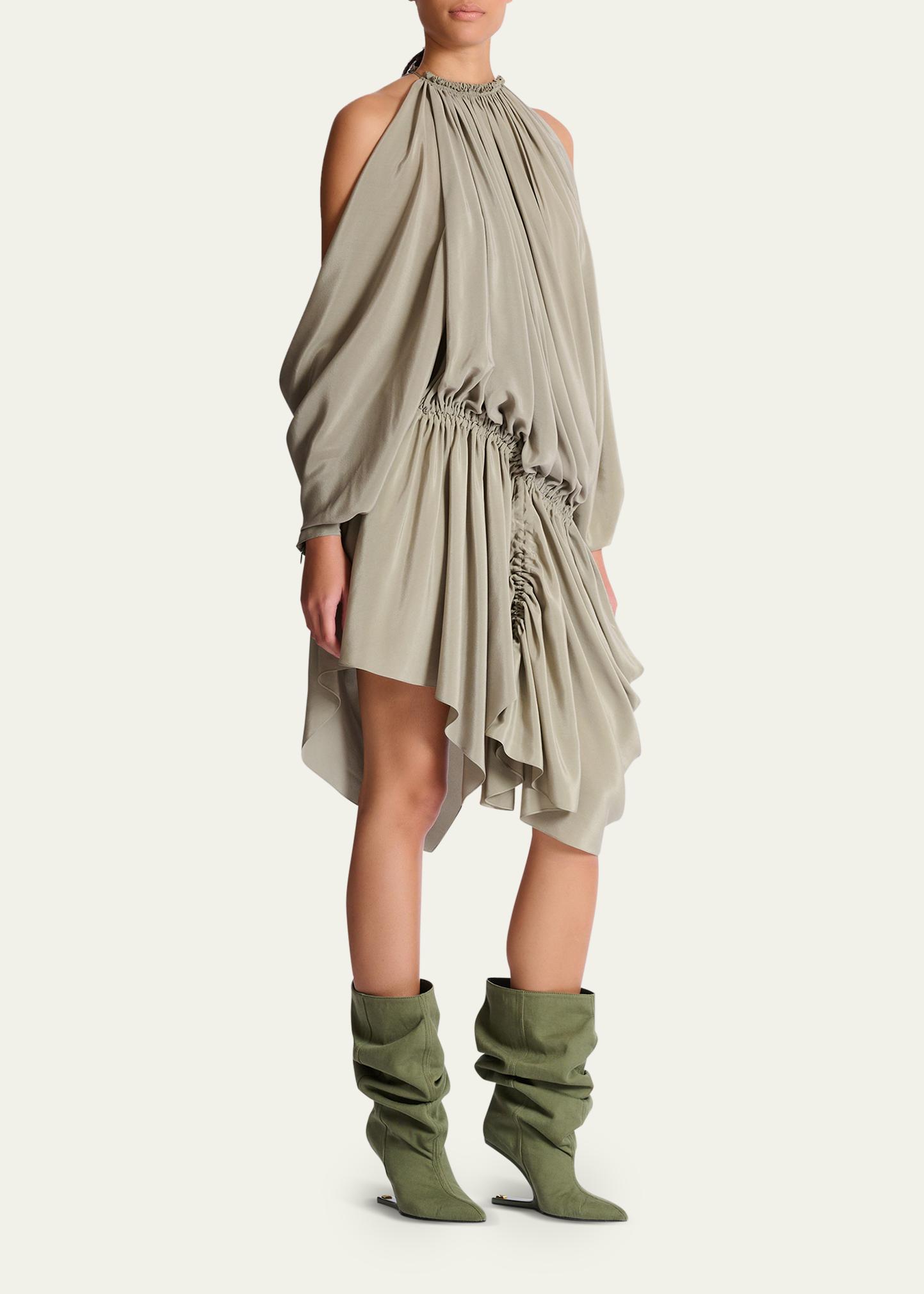 BALMAIN バルマン カシミヤ100 ポンチョ フード付き グレージュ Balmain Asymmetric Draped Cold-Shoulder High-Low Dress - Bergdorf