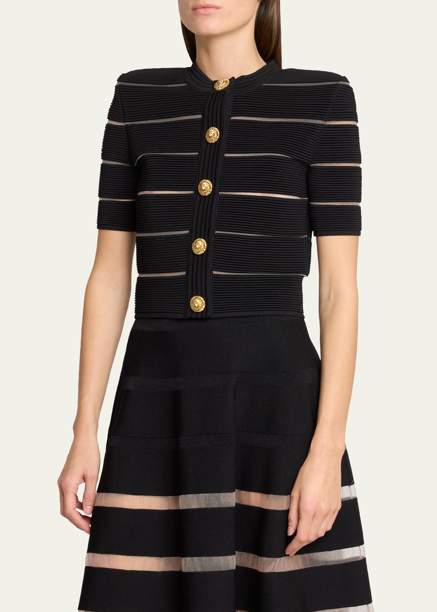 Balmain Metallic Striped Strong-Shoulder Crop Cardigan - Bergdorf