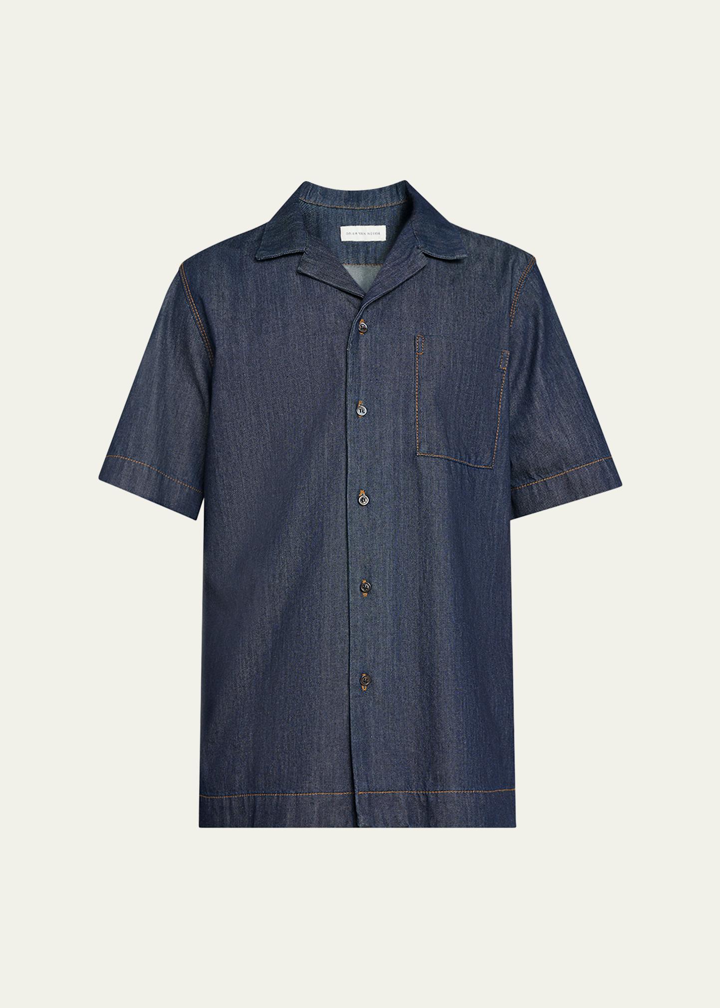 Dries Van Noten Men's Dark Blue Denim Short-Sleeve Shirt