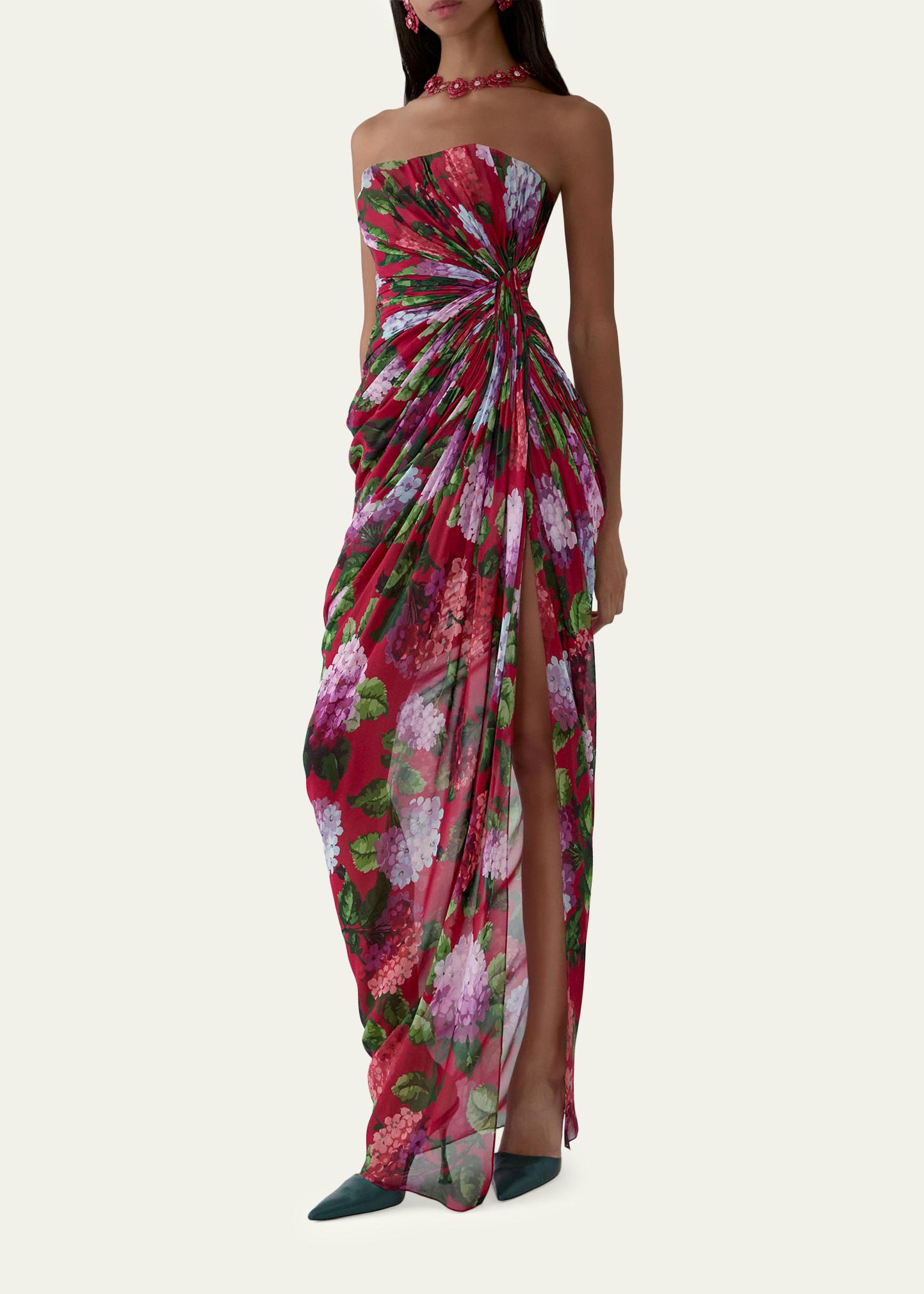 carolina herrera asymmetric layered dress Strapless Floral Silk Chiffon Draped Slit Gown, Cranberry Multi, Women's, 10, Strapless Gowns Destination Open Back Mini daytime-event tie belt COLOUR:Baby Blue