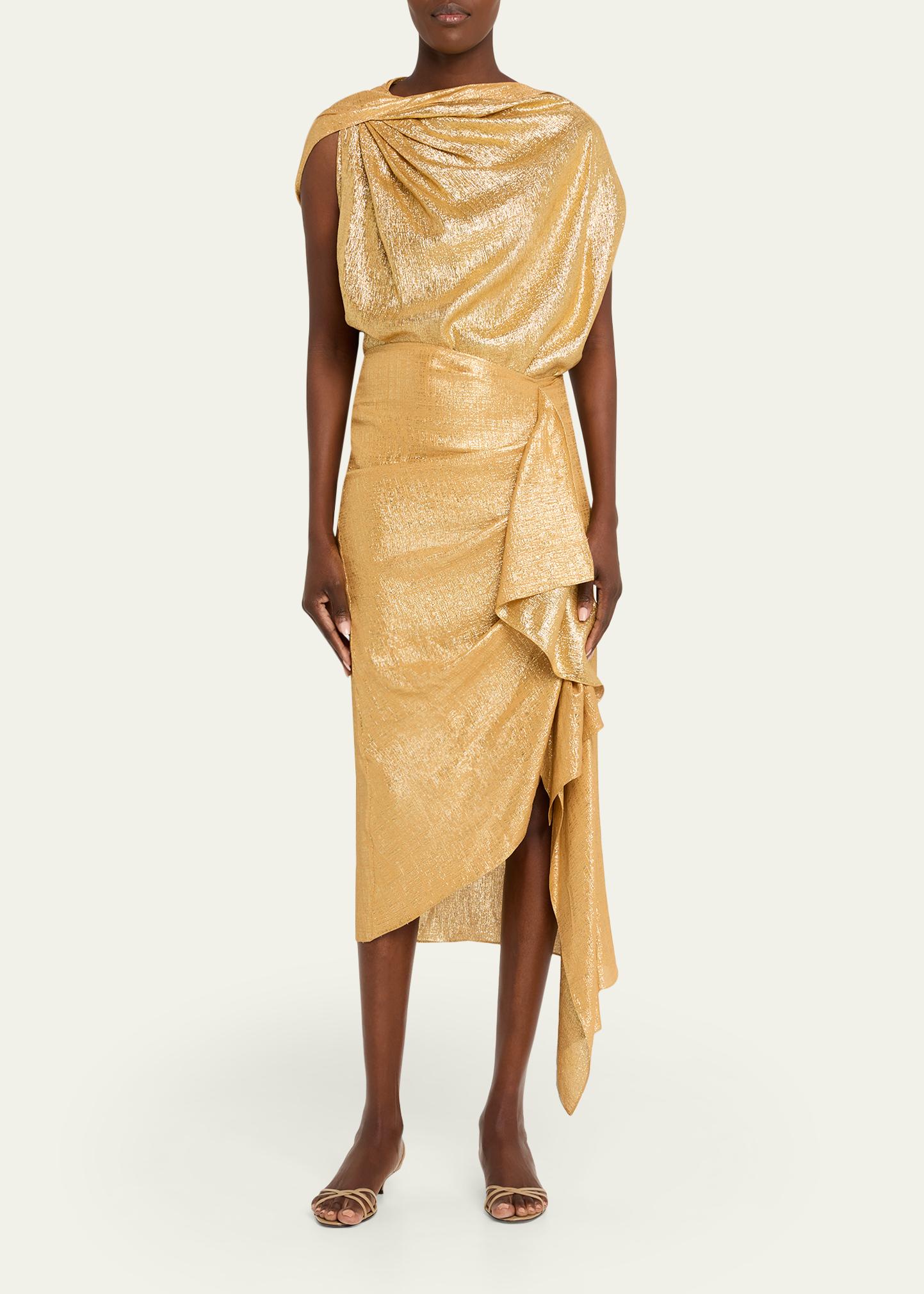 Michael Kors Collection Draped Metallic Lame Midi Skirt