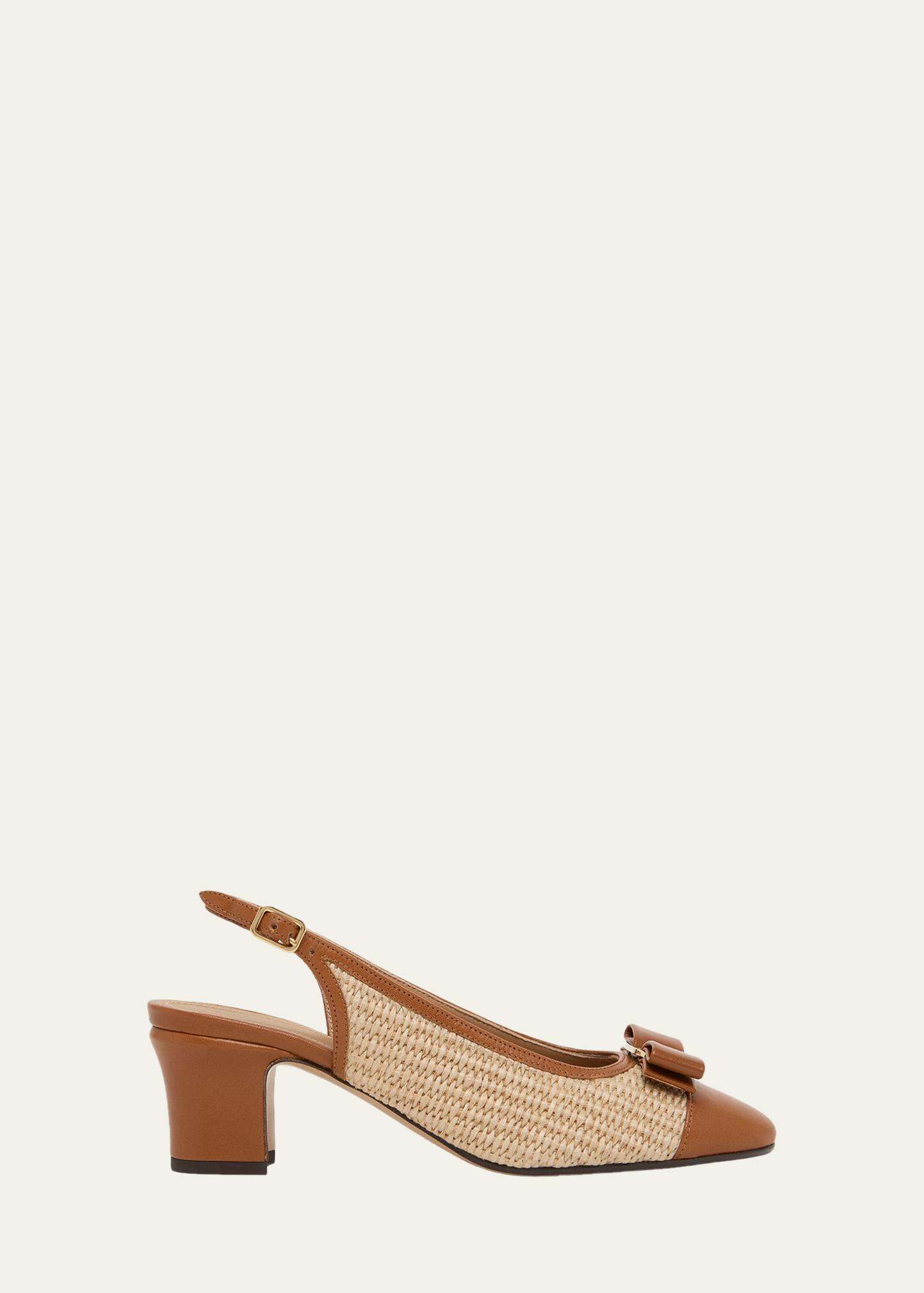 FERRAGAMO 55mm Vetty Raffia and Leather Slingback Pumps - Bergdorf