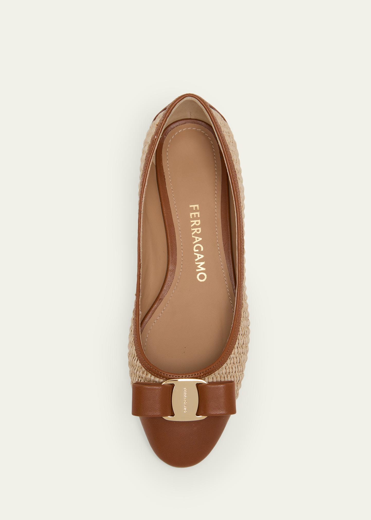 ✨フラットなのにきちんと感✨Salvatore Ferragamo Varina FERRAGAMO Varina Raffia and Leather Ballerina Flats - Bergdorf Goodman