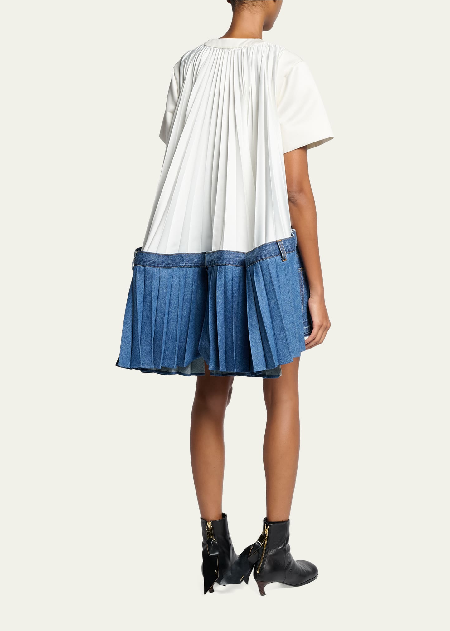 美品sacai beltedsleeveblouse SACAI Mixed-Media Denim Mini T-Shirt Dress - Bergdorf Goodman