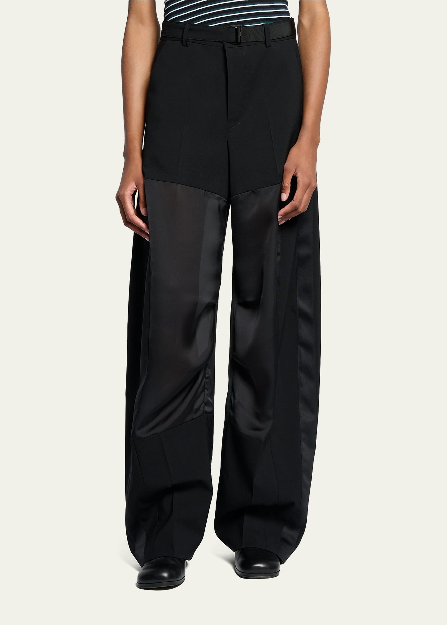 SACAI Patchwork Wool Wide-Leg Pants With Belt - Bergdorf Goodman