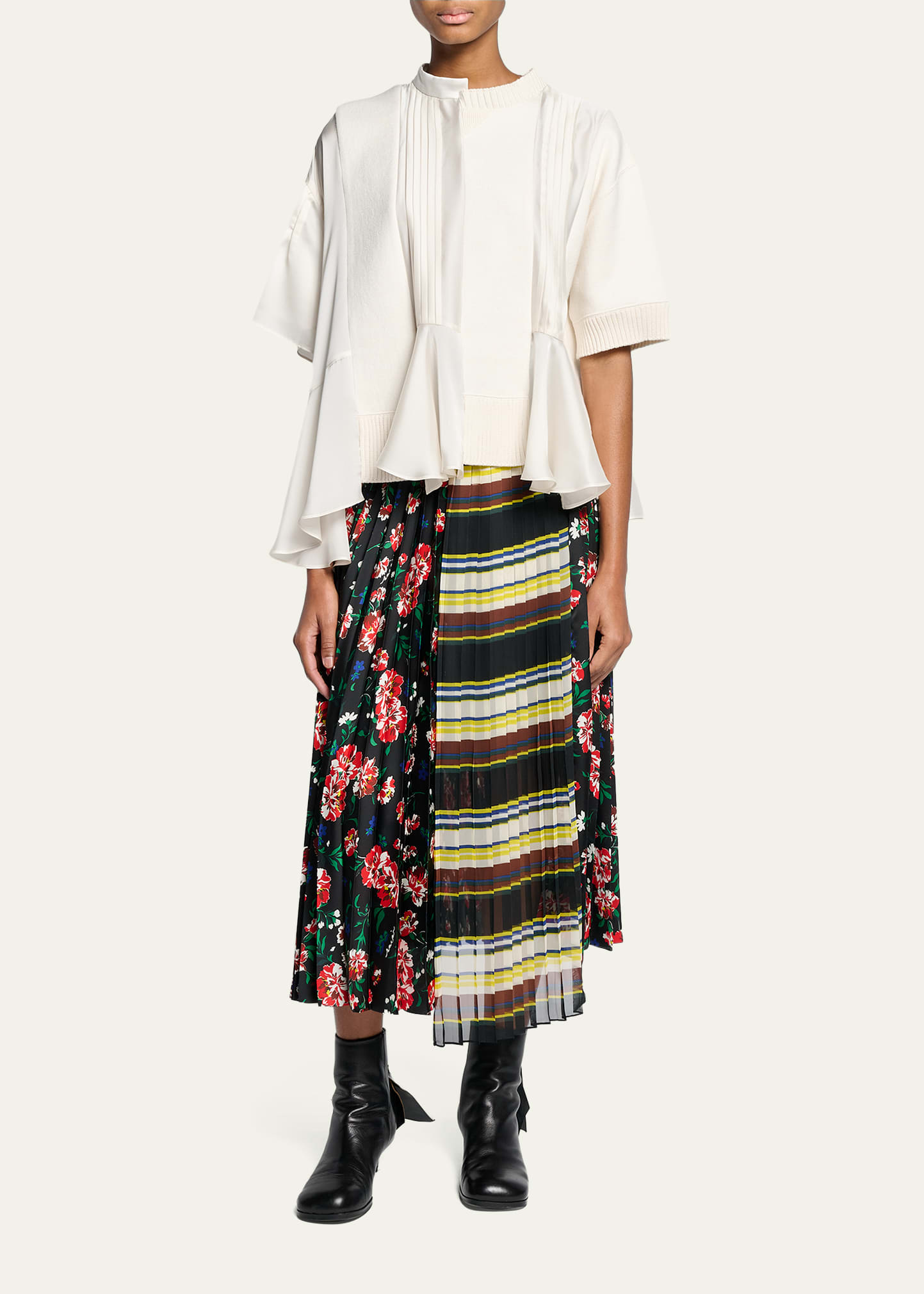 SACAI Mixed-Print Pleated Midi Skirt - Bergdorf Goodman