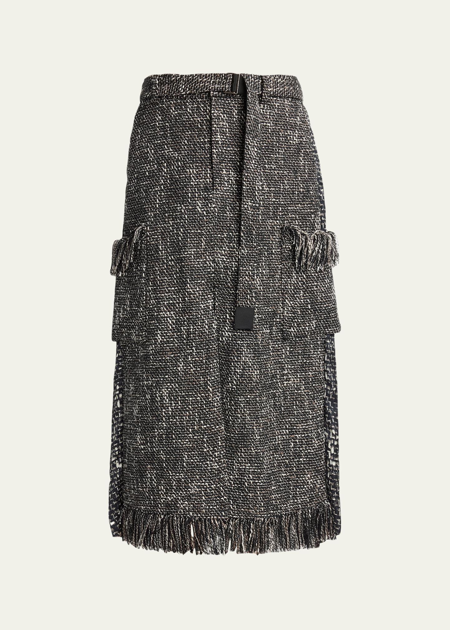 sacai Mixed-Media Tweed Belted Midi Skirt - Bergdorf Goodman