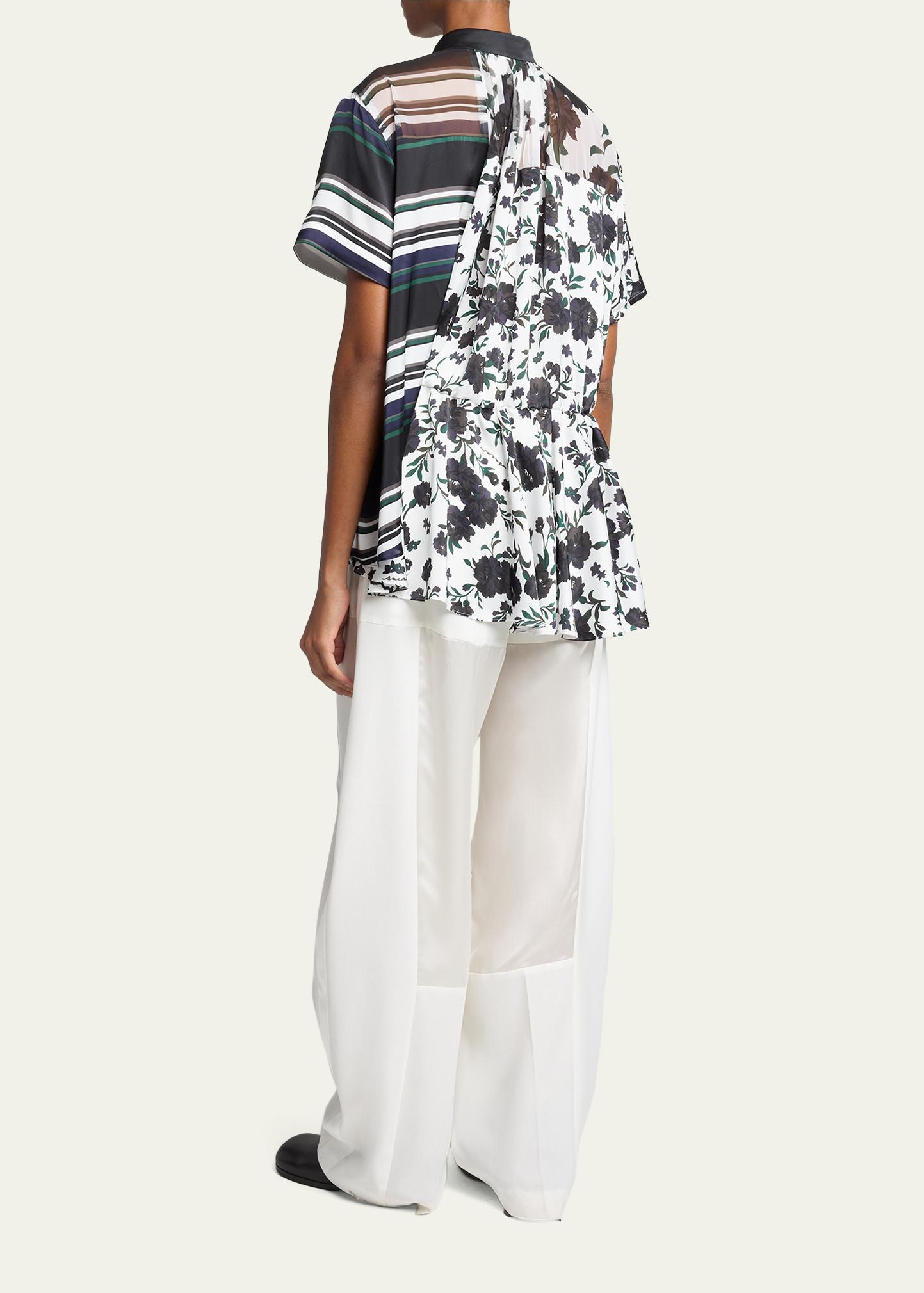 sacai Mixed-Print Satin Short-Sleeve Blouse - Bergdorf Goodman
