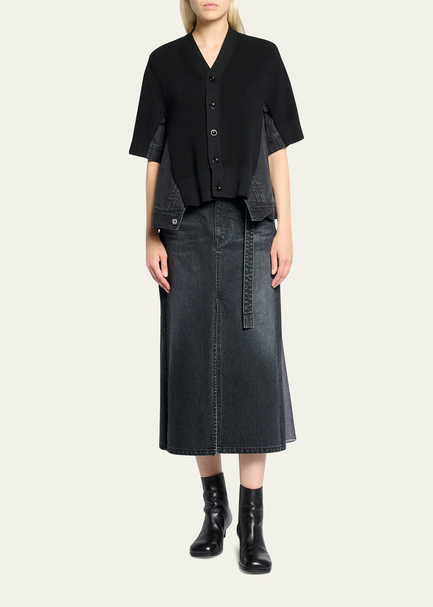 SACAI Mixed-Media Denim Short-Sleeve V-Neck Cardigan - Bergdorf