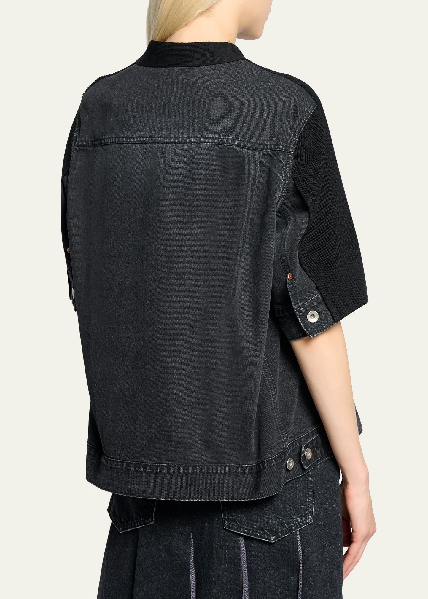 SACAI Mixed-Media Denim Short-Sleeve V-Neck Cardigan - Bergdorf