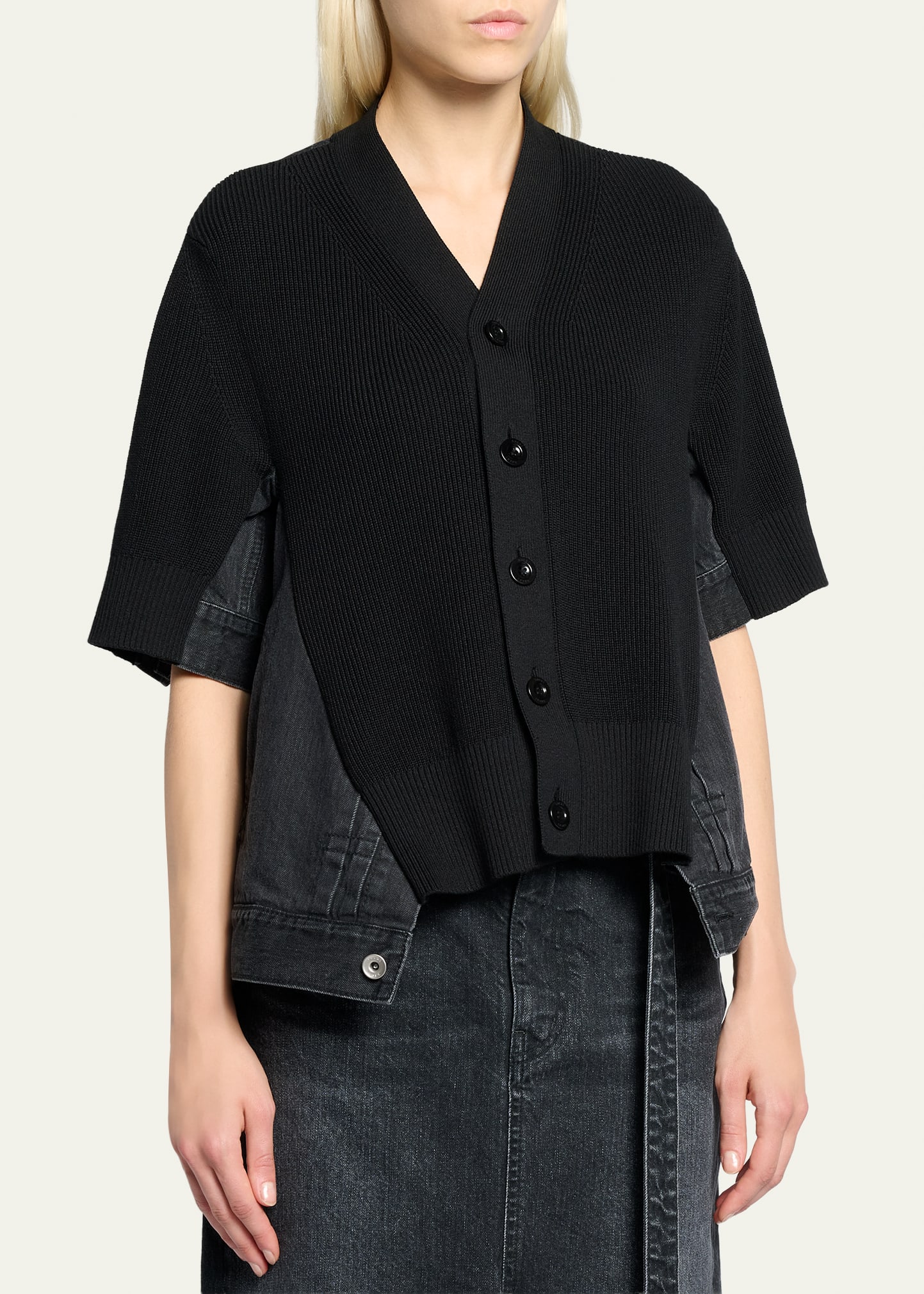 SACAI Mixed-Media Denim Short-Sleeve V-Neck Cardigan - Bergdorf