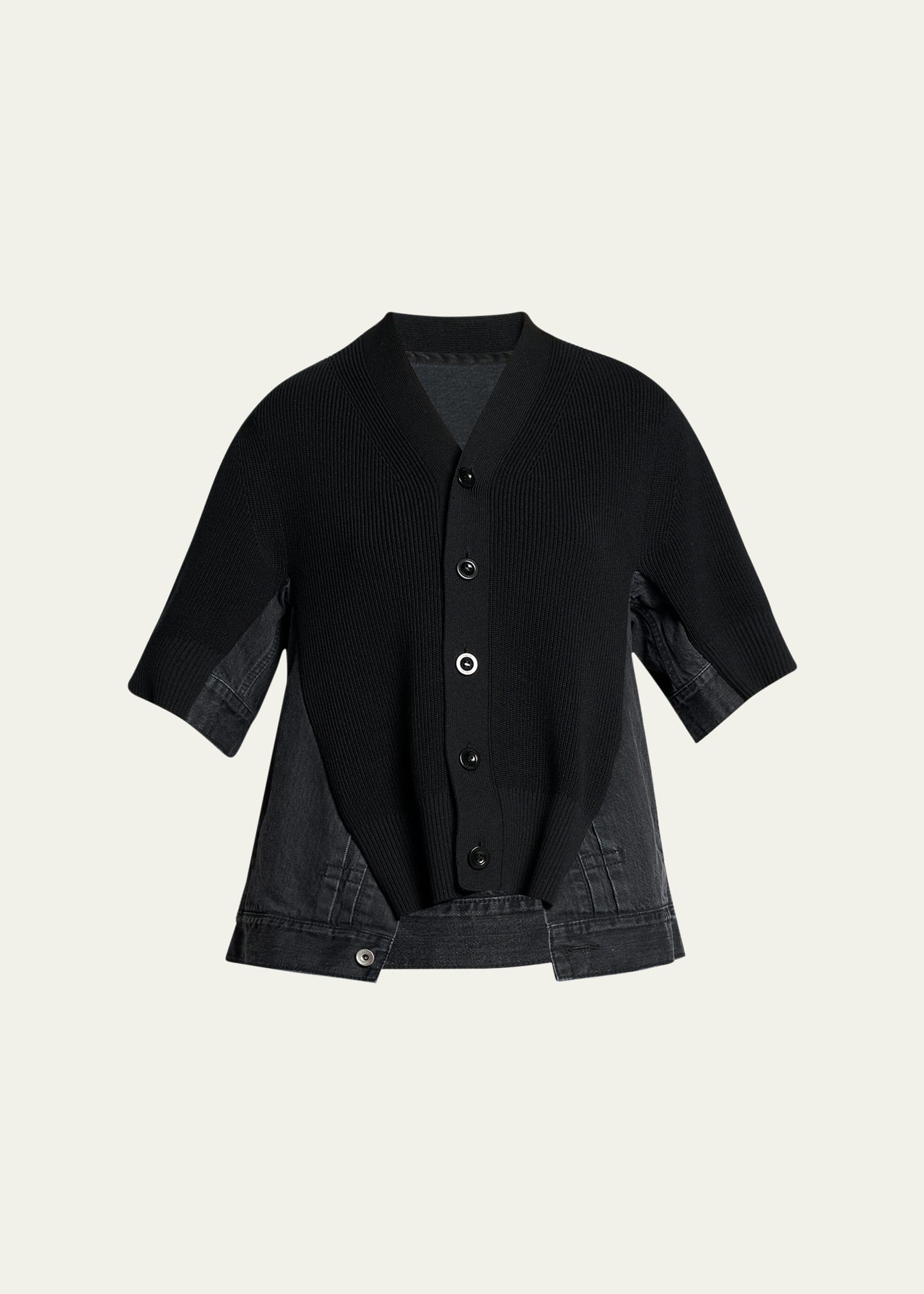 SACAI Mixed-Media Denim Short-Sleeve V-Neck Cardigan - Bergdorf