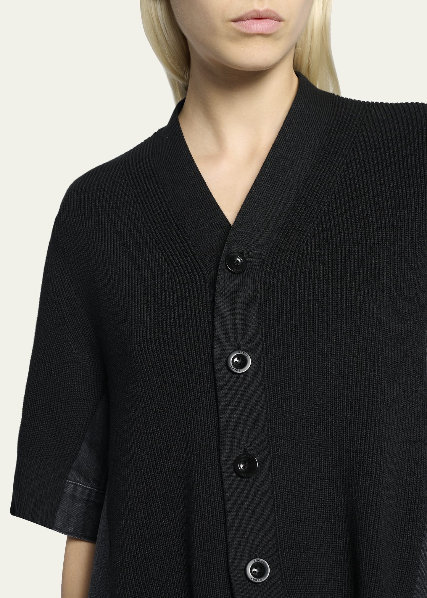 SACAI Mixed-Media Denim Short-Sleeve V-Neck Cardigan - Bergdorf