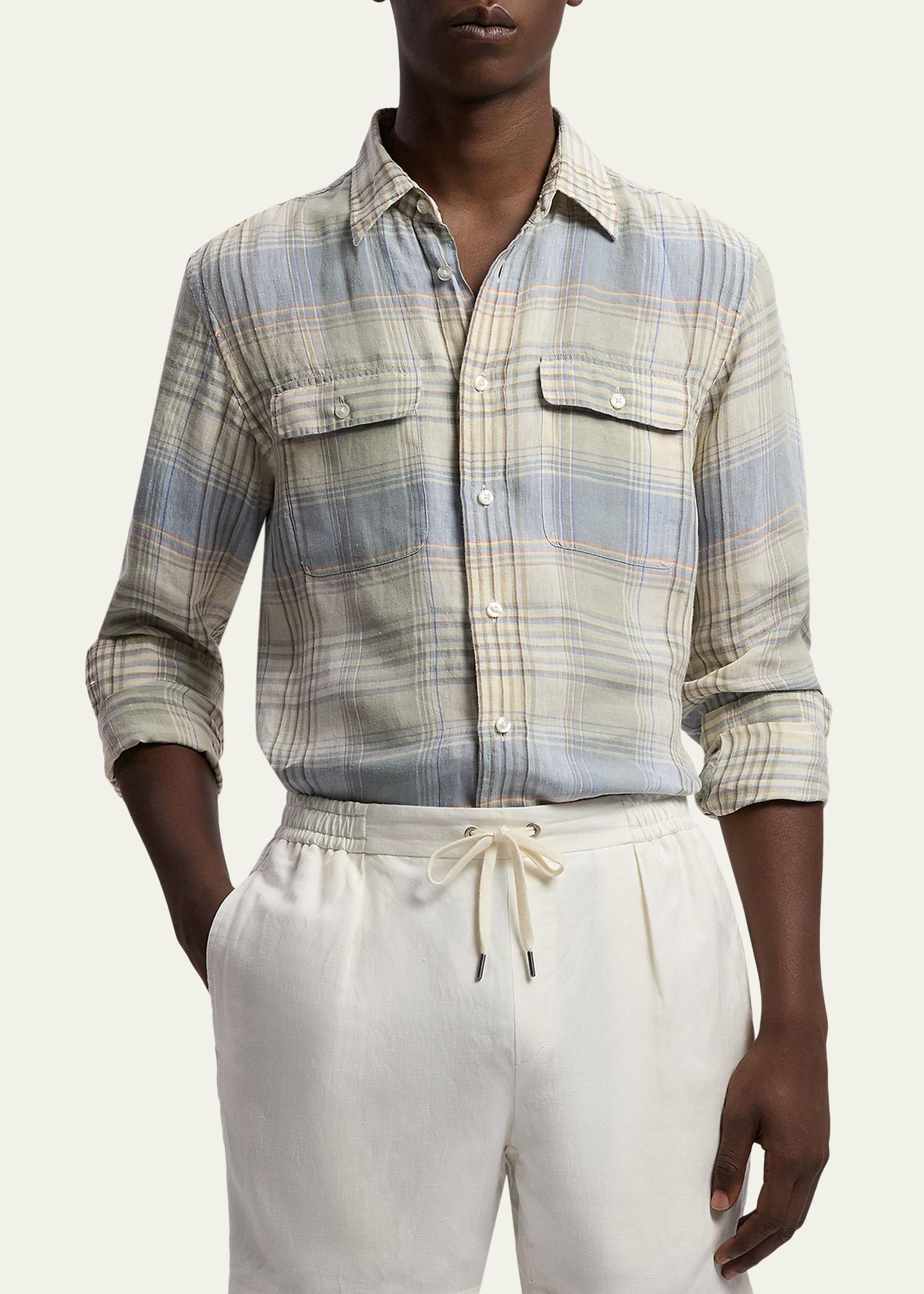 M！ Ralph Lauren Purple Label Shirt LINEN Ralph Lauren Purple Label Plaid Linen Shirt - Bergdorf Goodman