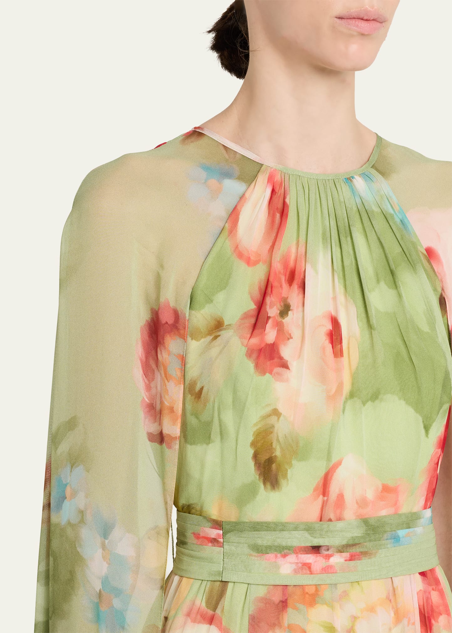 Rickie Freeman for Teri Jon Floral-Print Chiffon Cape Gown