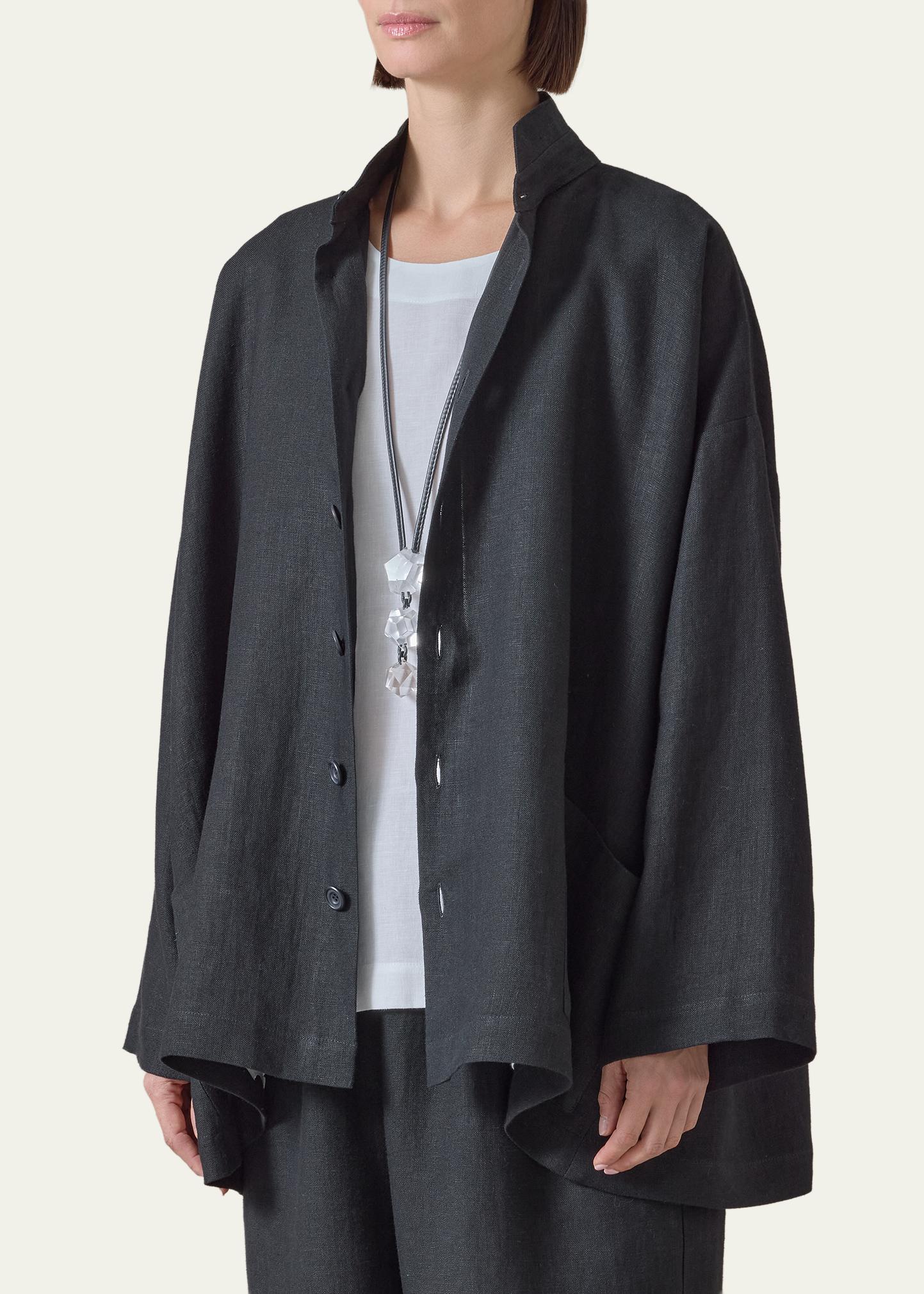 Eskandar Heavyweight Linen Angle-To-Front Double Stand Collar 
