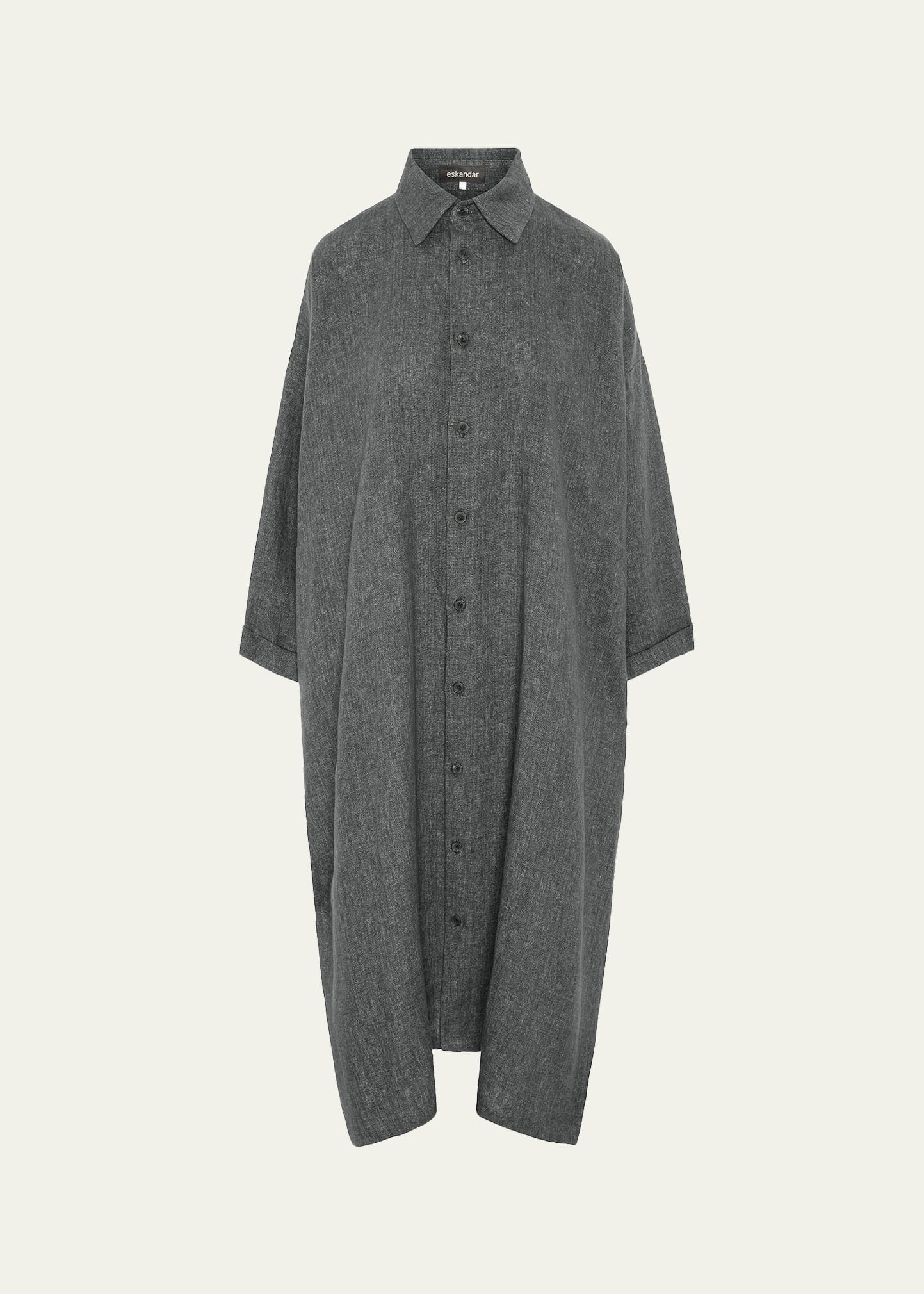 Eskandar Heavyweight Delave Linen Wide A-Line Shirt Dress With