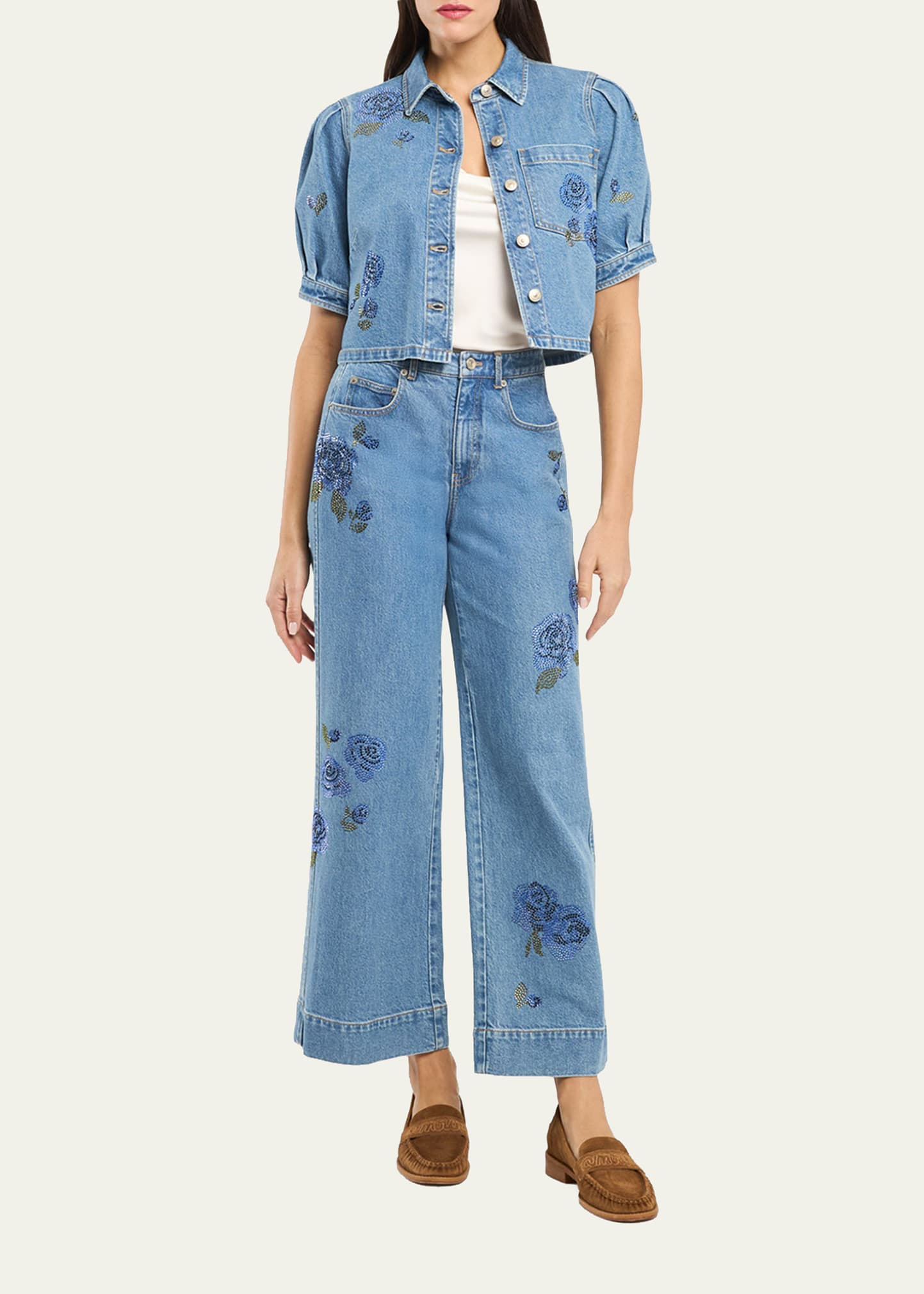 Cinq a Sept Betsy Wide-Leg Heatset Roses Jeans - Bergdorf Goodman