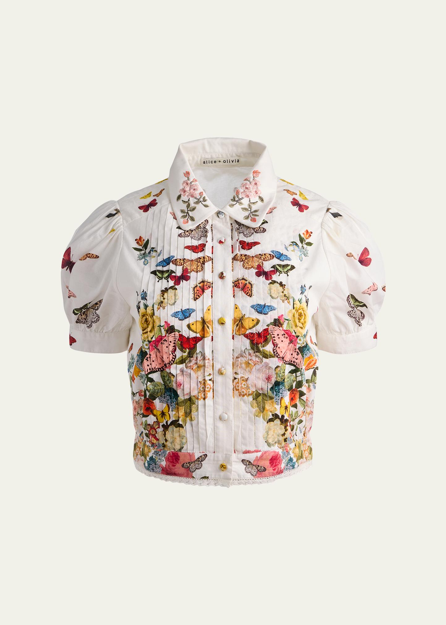 ALICE + OLIVIA Rosie Embroidered Puff-Sleeve Shirt - Bergdorf Goodman