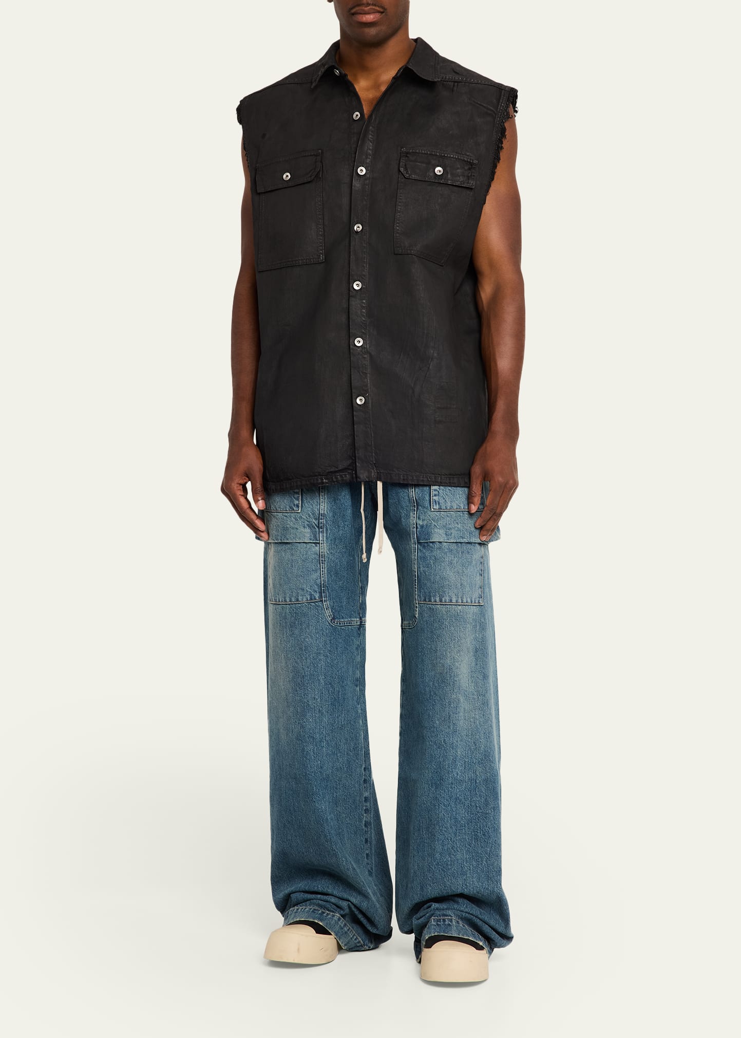 DRKSHDW RICK OWENS Men's Distressed Black Denim Button-Front Vest