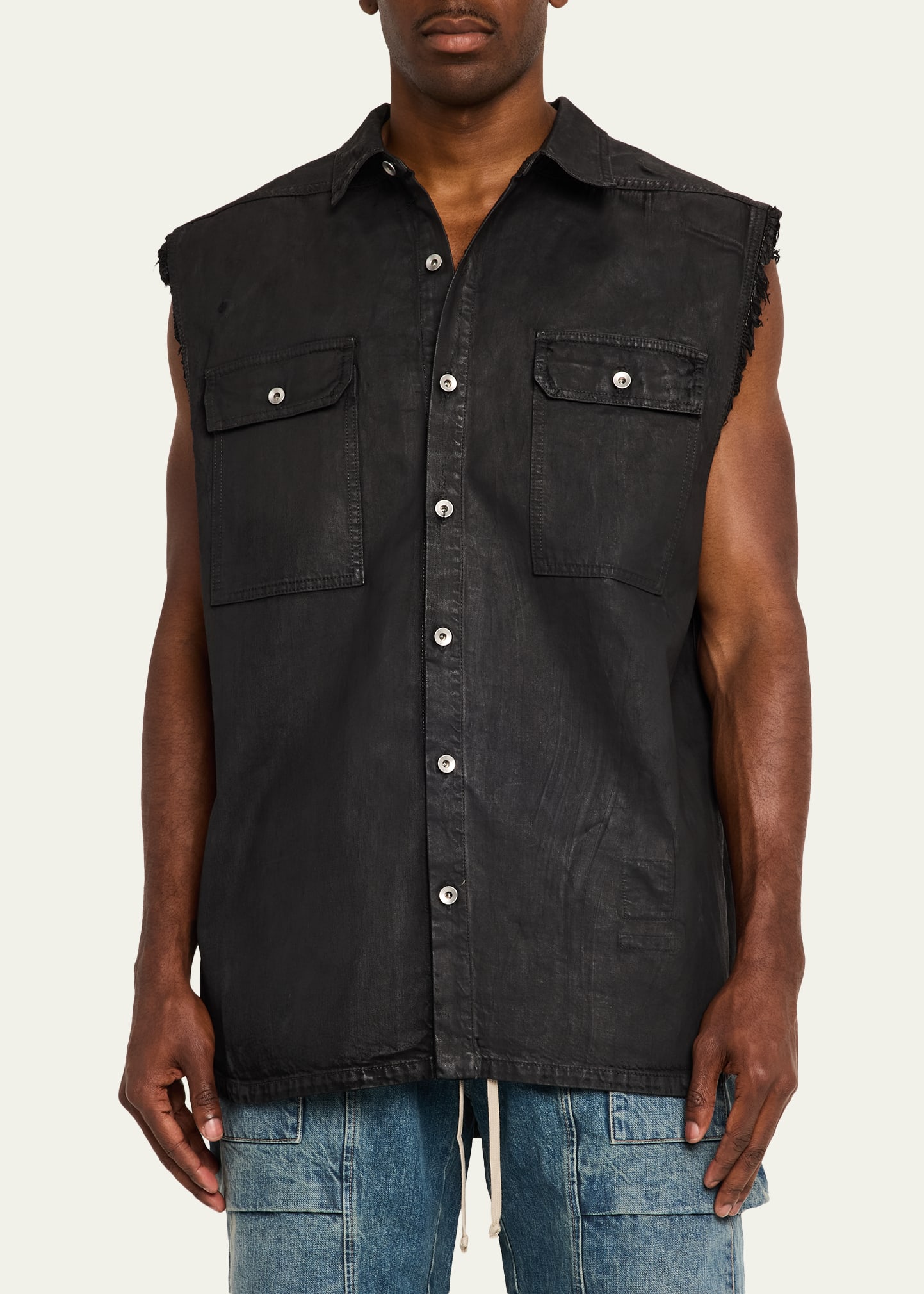 DRKSHDW RICK OWENS Men's Distressed Black Denim Button-Front Vest