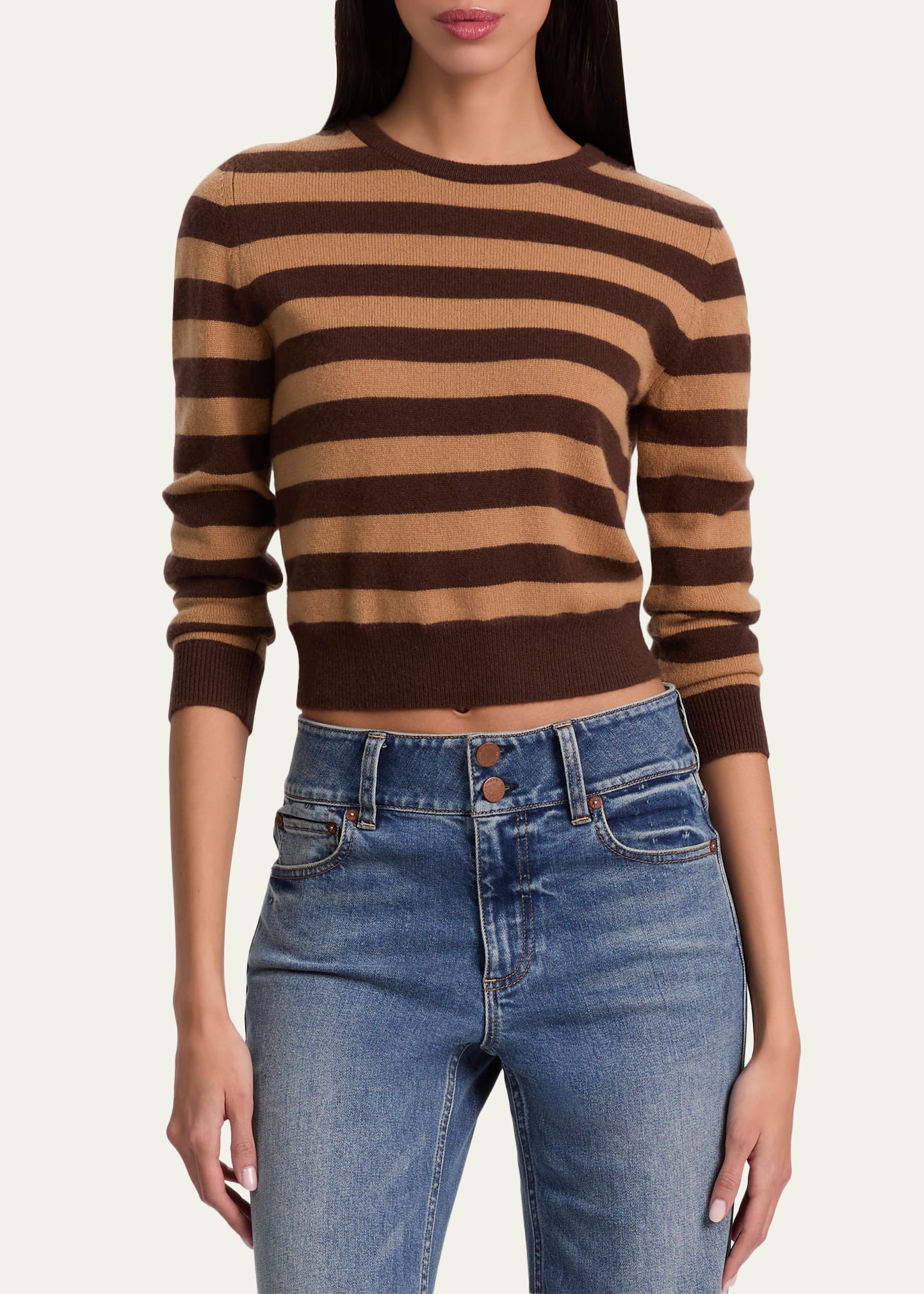 ALICE + OLIVIA Carolann Striped Cashmere Shrunken Pullover