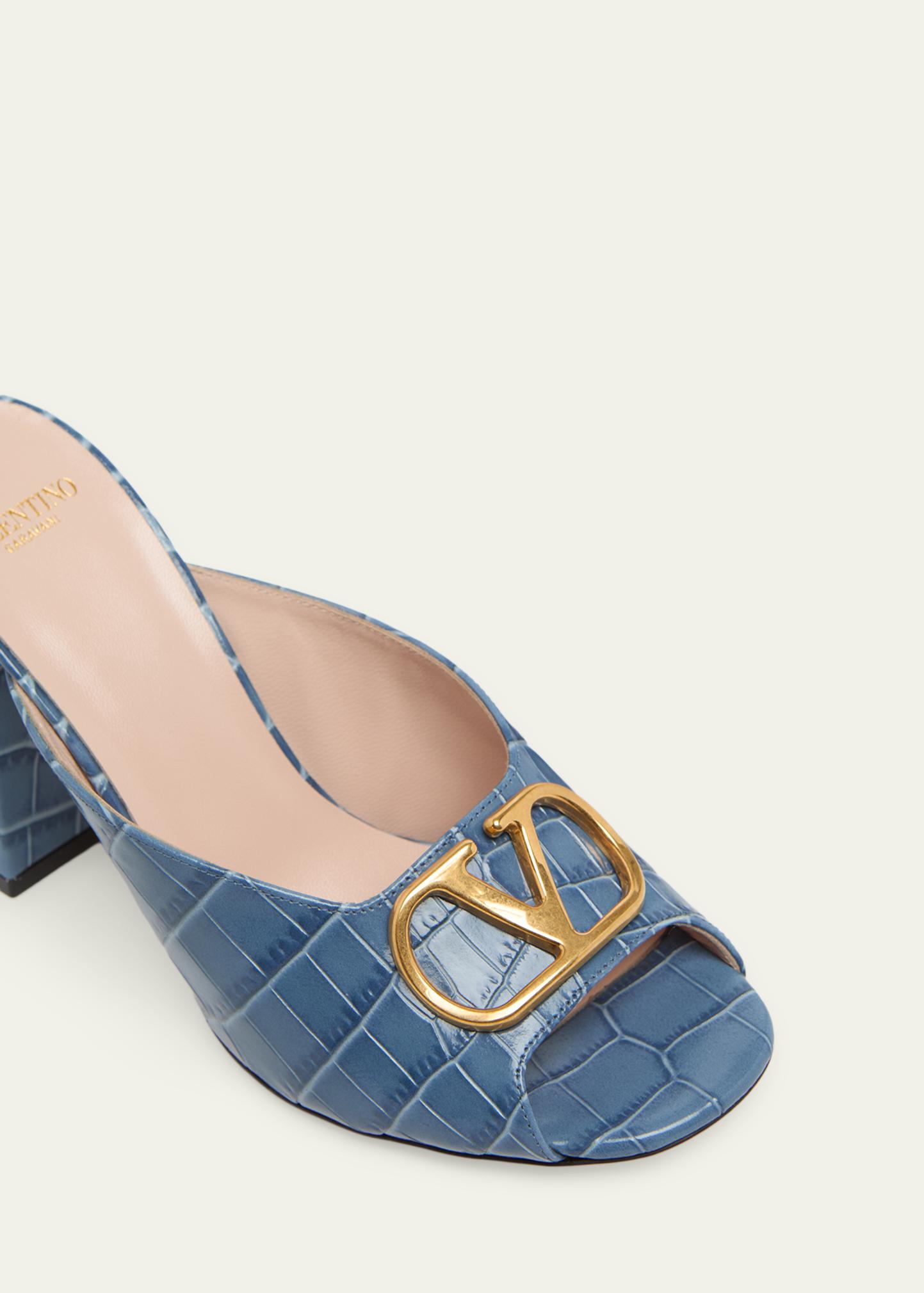 VALENTINO アクアブルー スタッズ ミュール Valentino Garavani 95mm VLogo Croc-Embossed Leather Mules